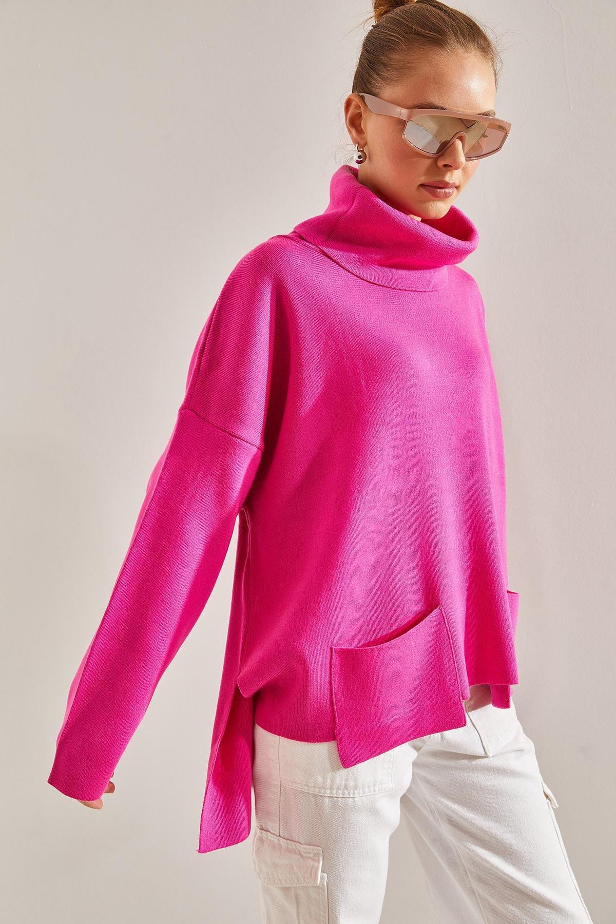 Pink Turtleneck Oversize Knitted Sweater, Fuchsia, large image number 0