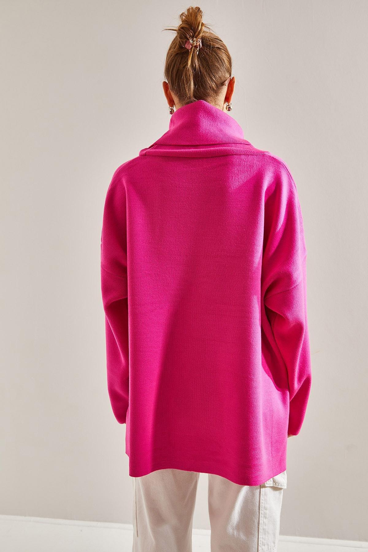 Pink Turtleneck Oversize Knitted Sweater, Fuchsia, large image number 1