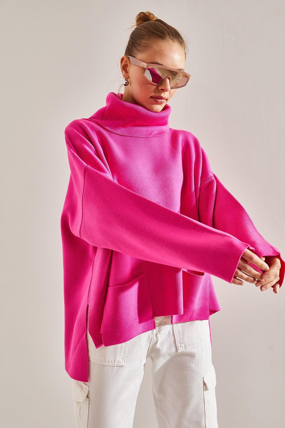 Pink Turtleneck Oversize Knitted Sweater, Fuchsia, large image number 2
