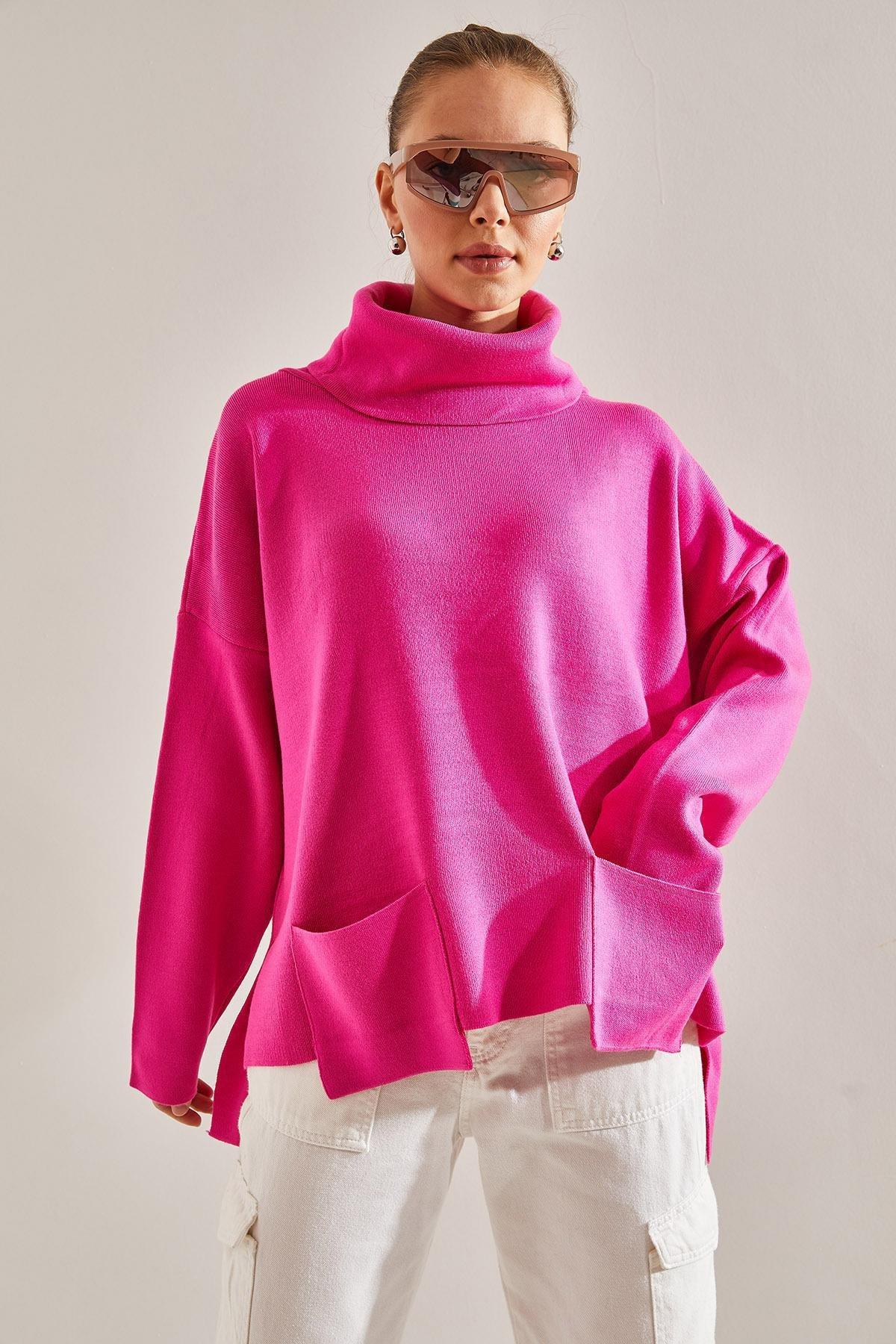 Pink Turtleneck Oversize Knitted Sweater, Fuchsia, large image number 3