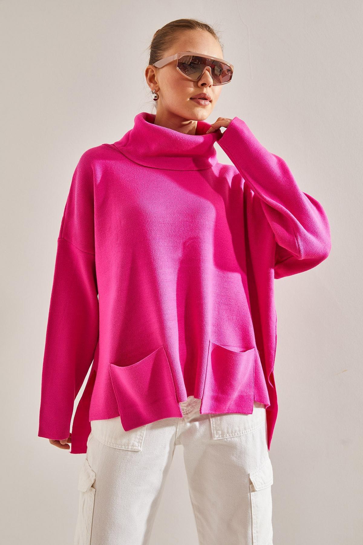 Pink Turtleneck Oversize Knitted Sweater, Fuchsia, large image number 4
