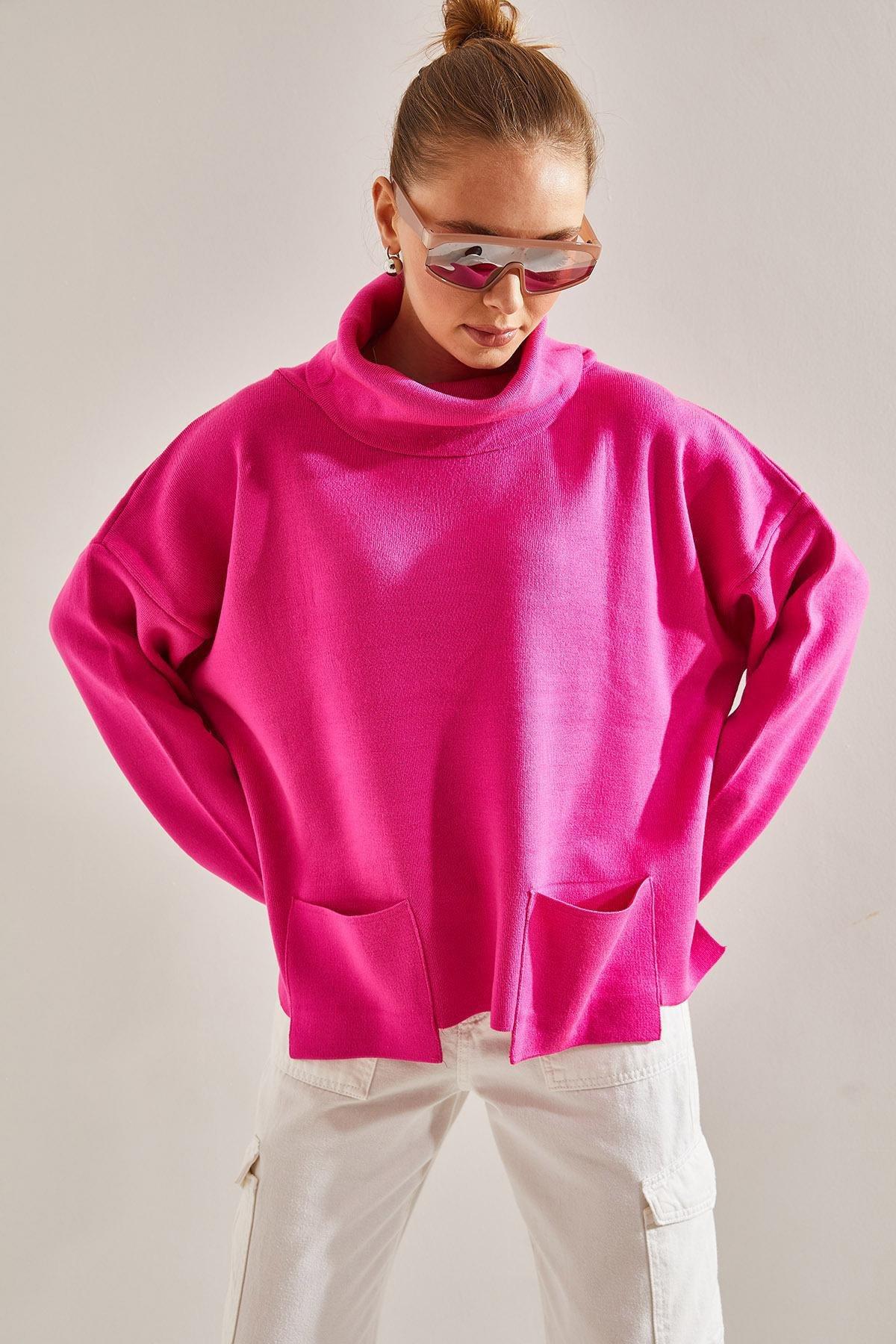 Pink Turtleneck Oversize Knitted Sweater, Fuchsia, large image number 5