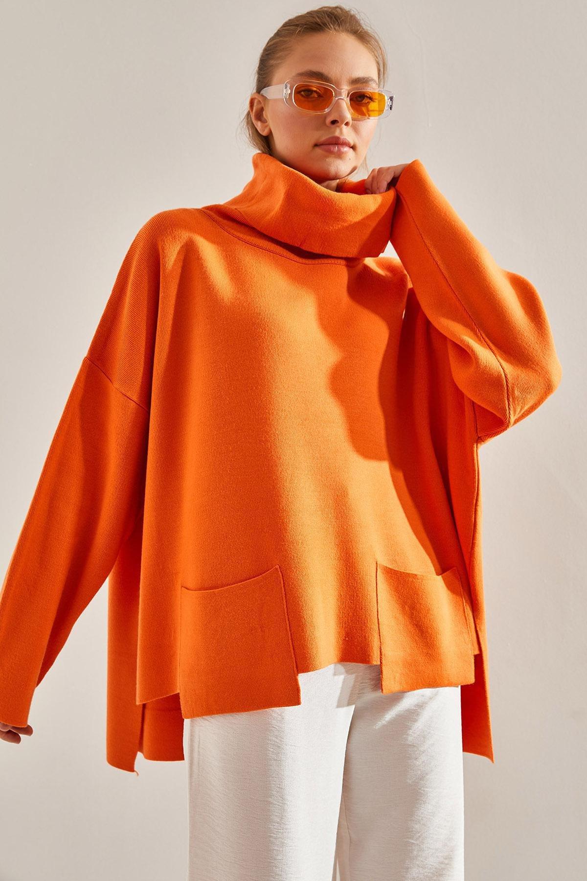Orange Turtleneck Oversize Knitted Sweater, Orange, large image number 0