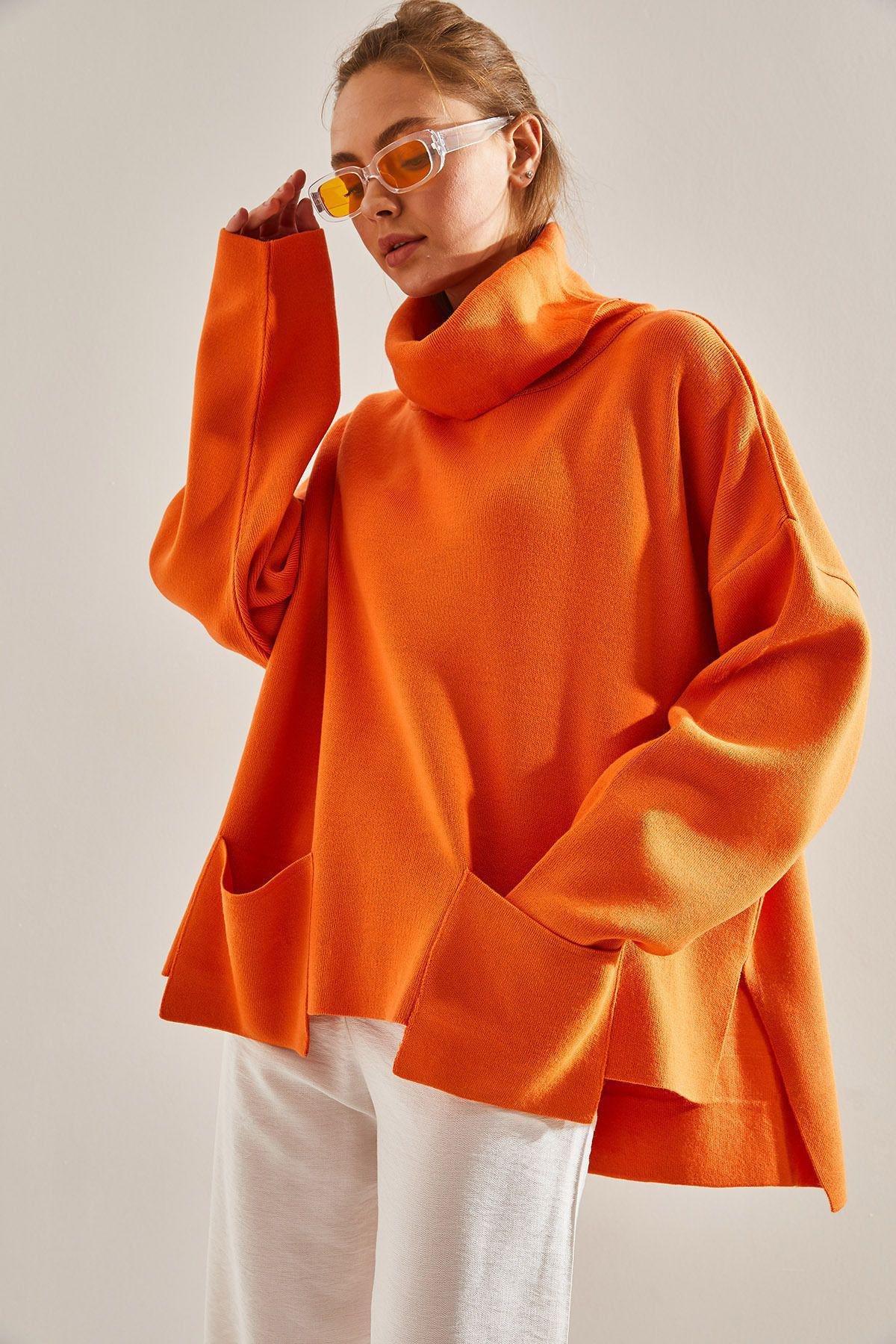 Orange Turtleneck Oversize Knitted Sweater, Orange, large image number 1