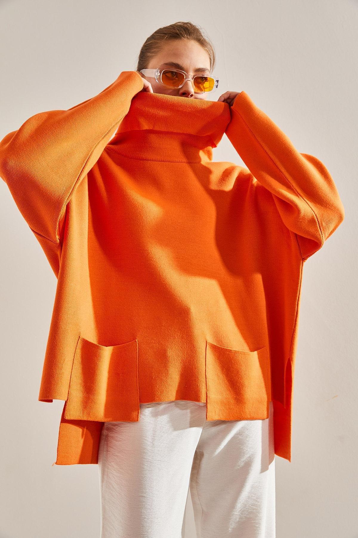Orange Turtleneck Oversize Knitted Sweater, Orange, large image number 3