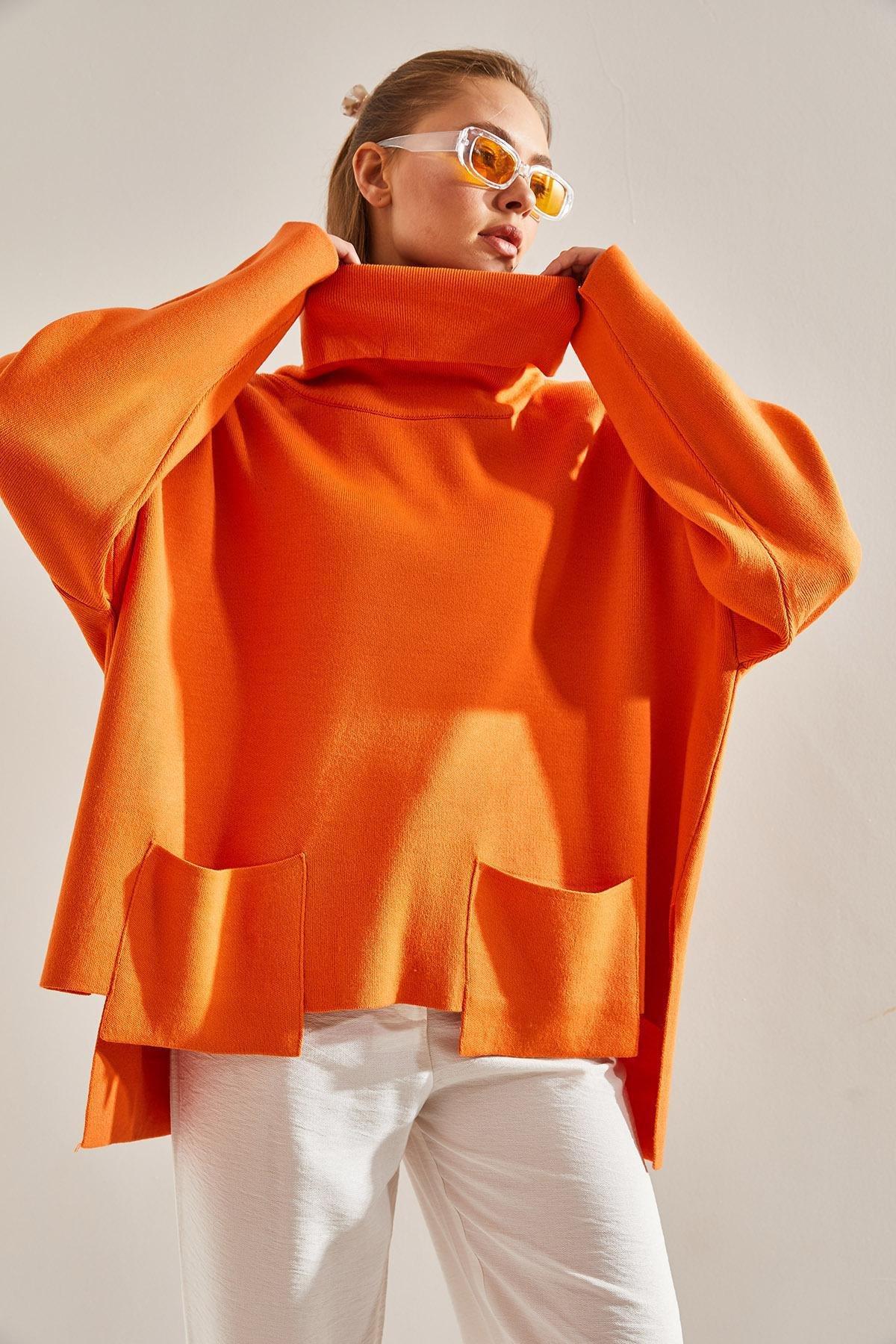 Orange Turtleneck Oversize Knitted Sweater, Orange, large image number 4