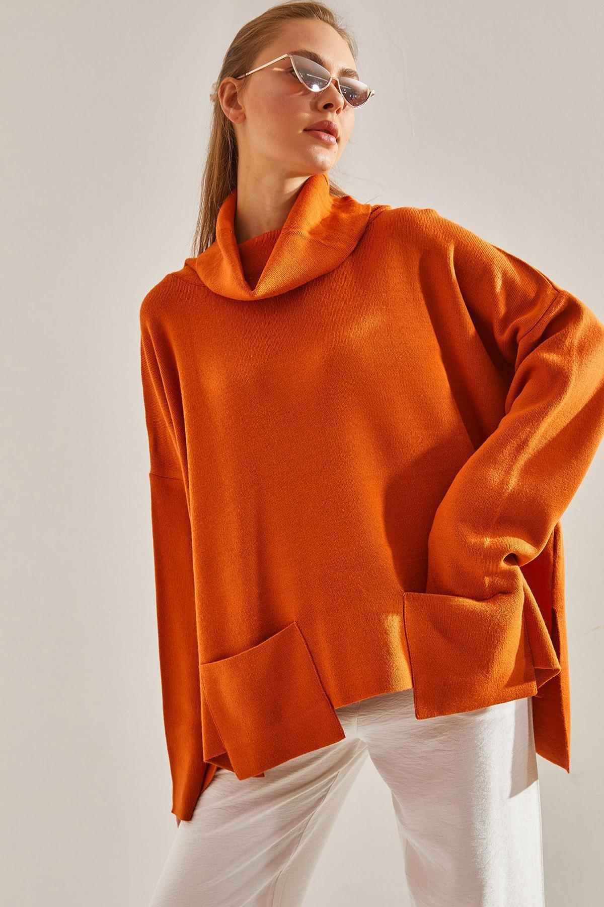 Brown Turtleneck Oversize Knitted Sweater, Tan, large image number 0