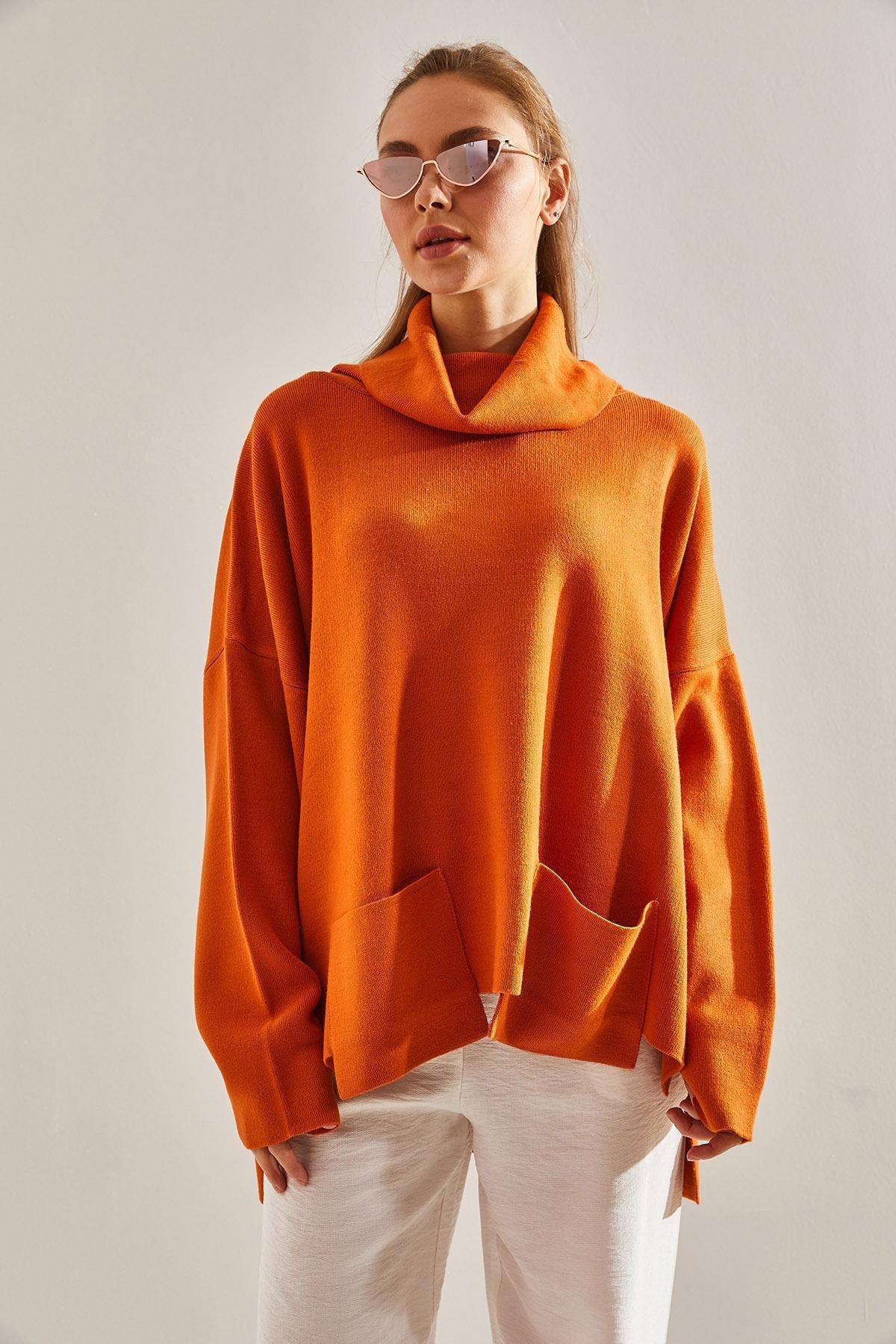 Brown Turtleneck Oversize Knitted Sweater, Tan, large image number 2