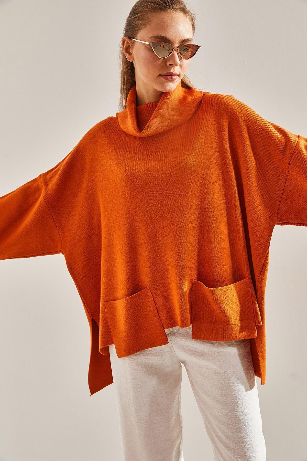 Brown Turtleneck Oversize Knitted Sweater, Tan, large image number 3
