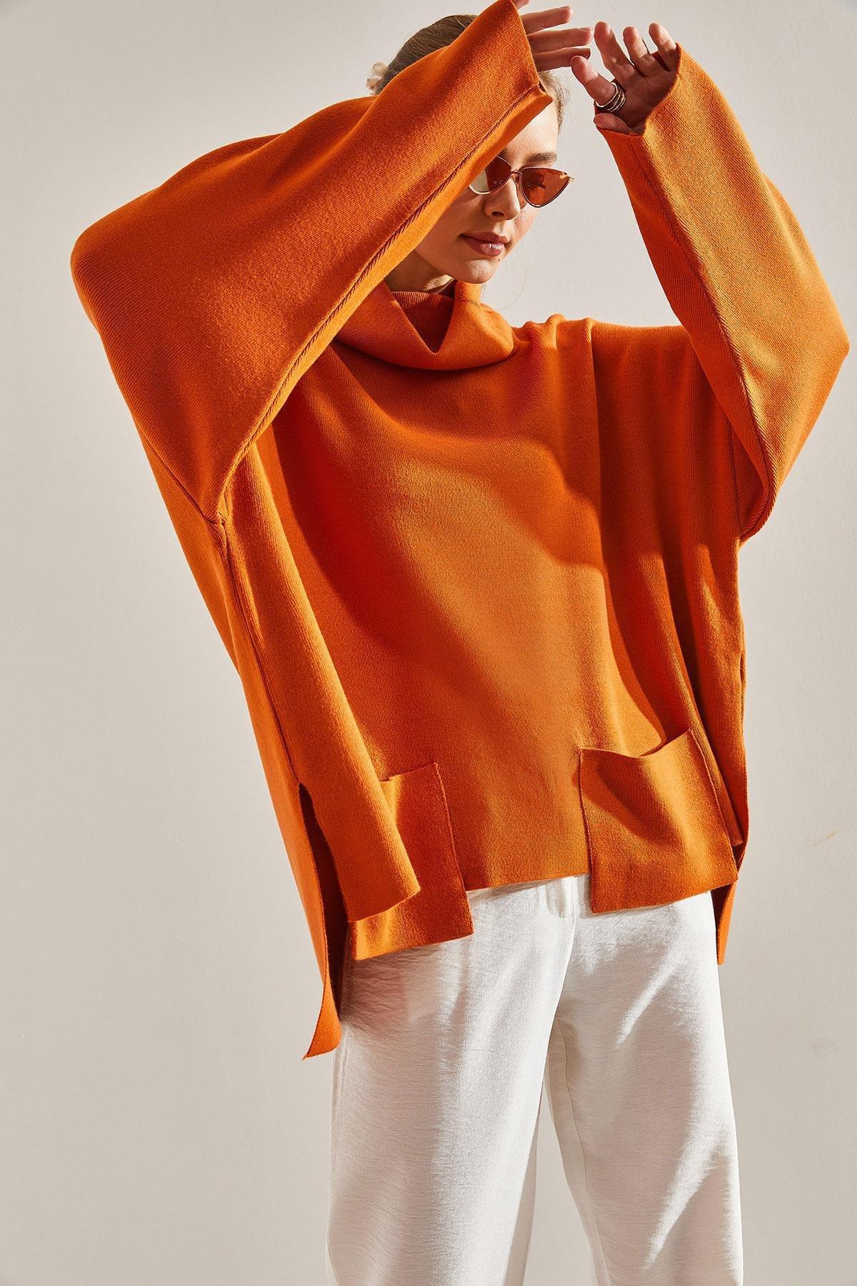 Brown Turtleneck Oversize Knitted Sweater, Tan, large image number 4