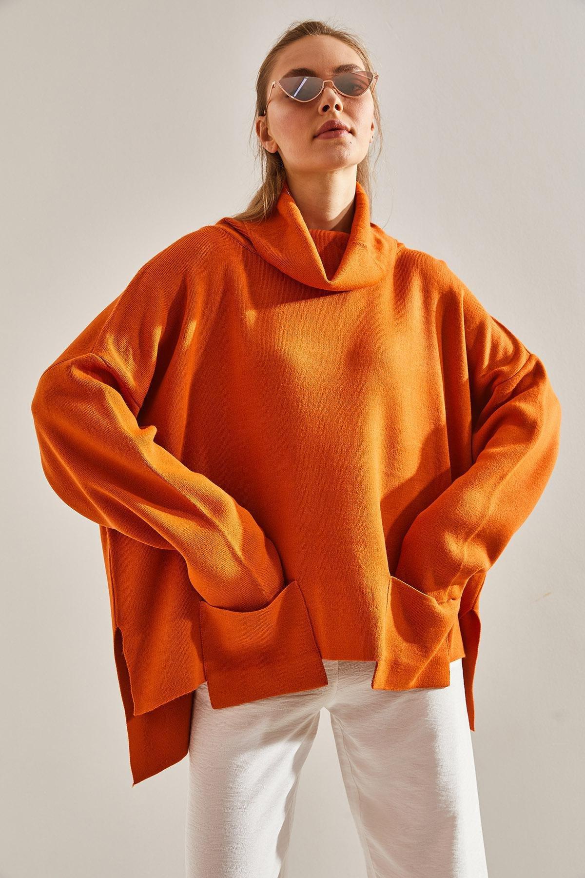 Brown Turtleneck Oversize Knitted Sweater, Tan, large image number 5
