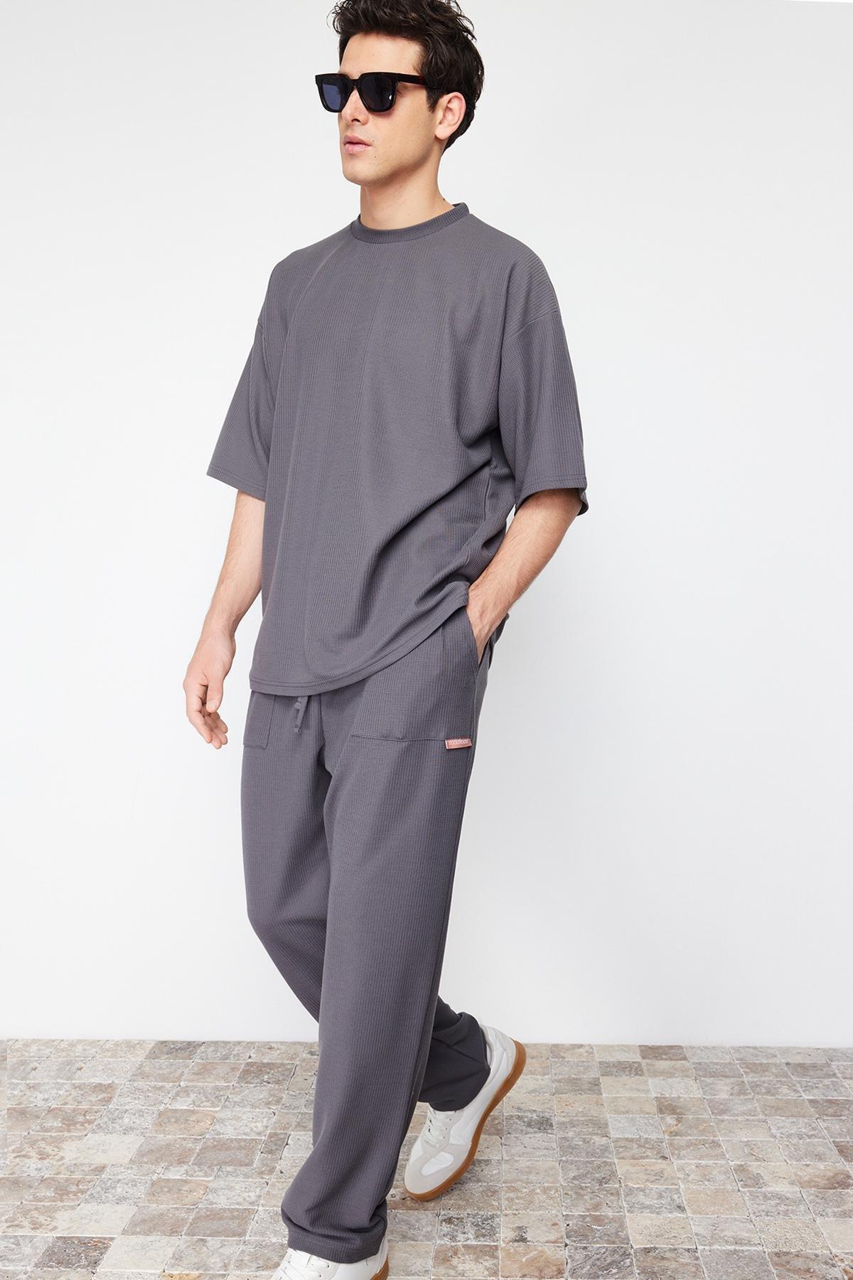 Anthracite Oversize / Wide Cut Textured Wide Leg Sweatpants with Label TMNSS24EA00005, single, , large image number 0