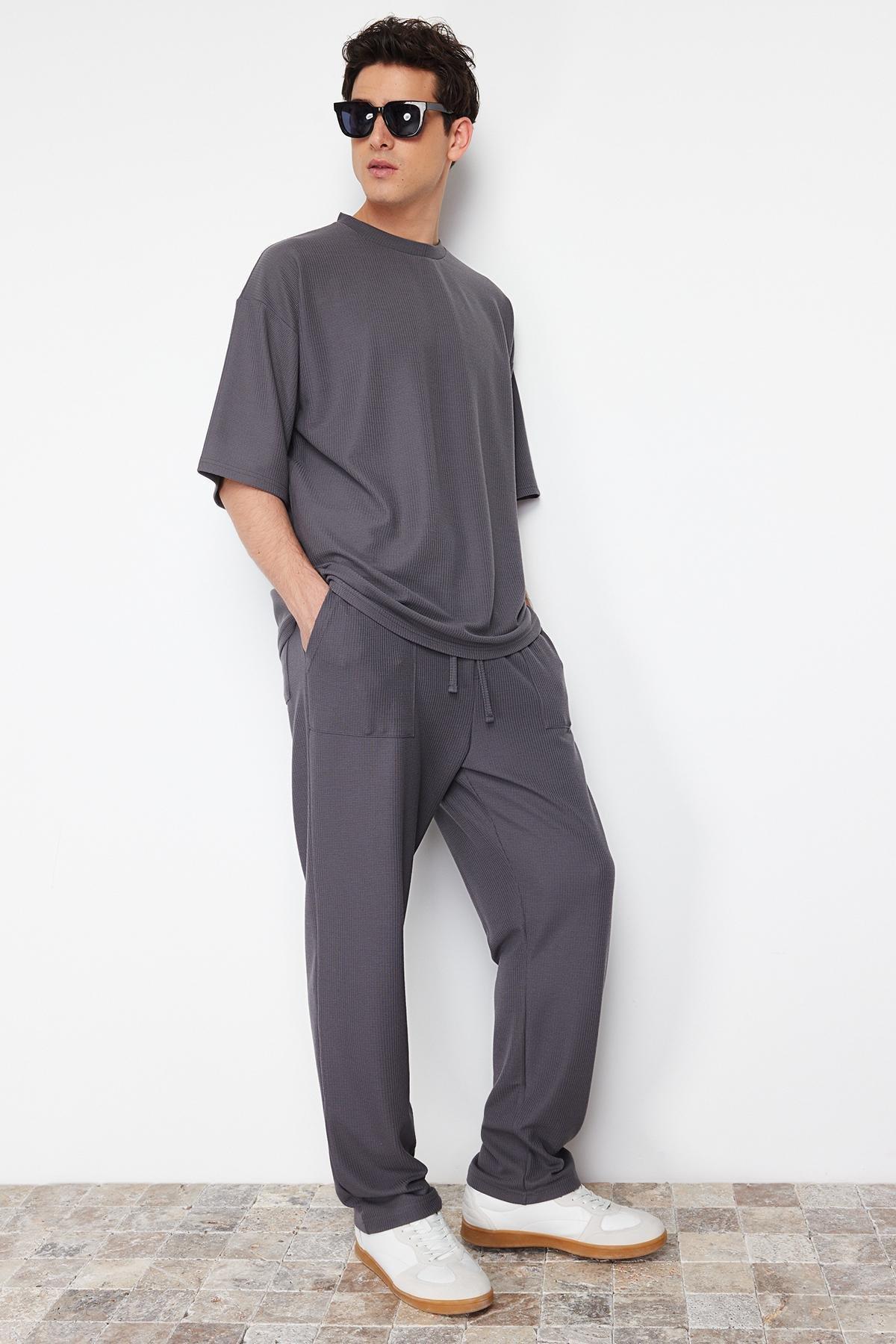 Anthracite Oversize / Wide Cut Textured Wide Leg Sweatpants with Label TMNSS24EA00005, single, , large image number 1