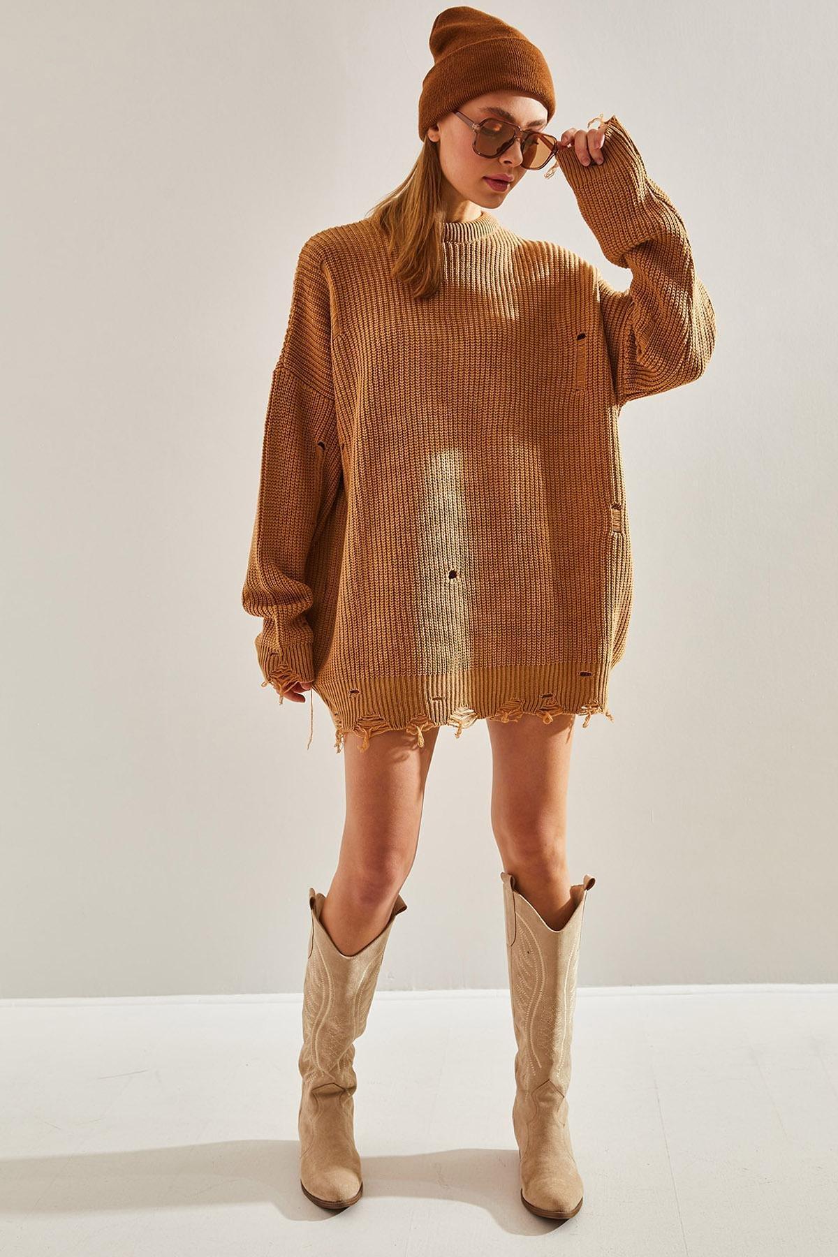 Brown Openwork Knitted Detailed Oversize Sweater, COFFEE WITH MILK, large image number 0