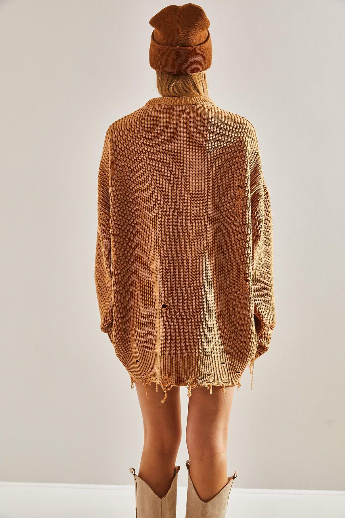 Brown Openwork Knitted Detailed Oversize Sweater, COFFEE WITH MILK, large image number 1