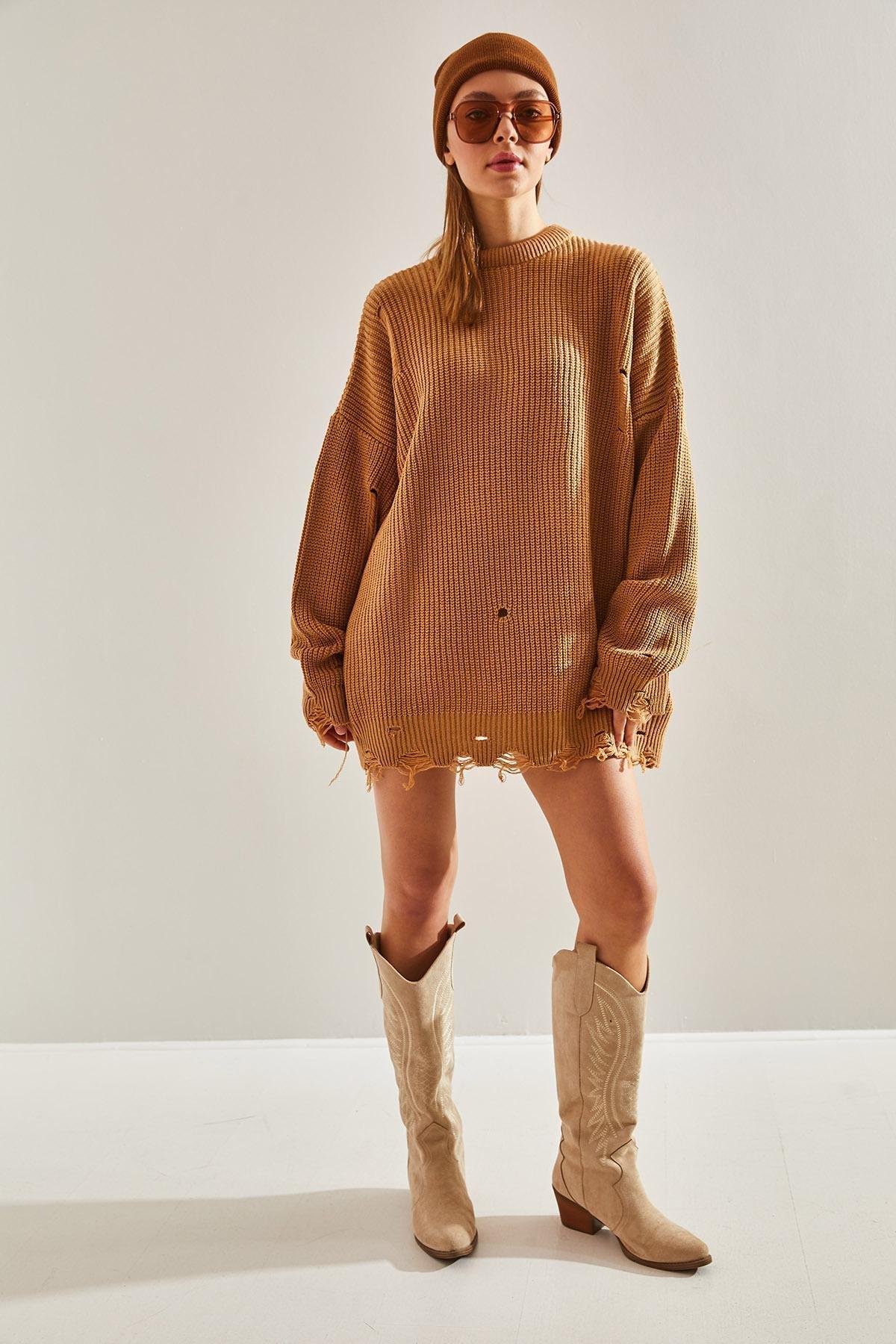 Brown Openwork Knitted Detailed Oversize Sweater, COFFEE WITH MILK, large image number 4