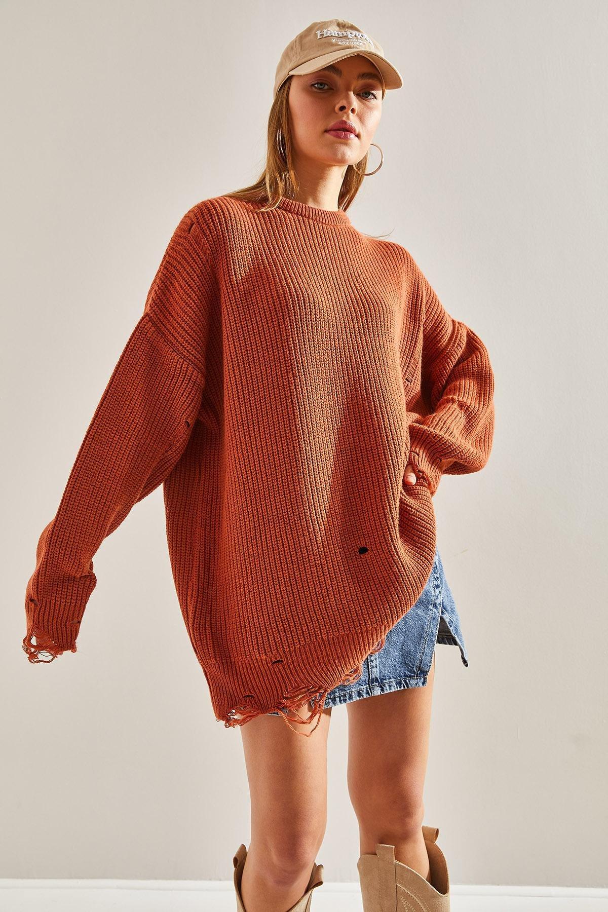 Blue Openwork Knitted Detailed Oversize Sweater, Tile, large image number 0