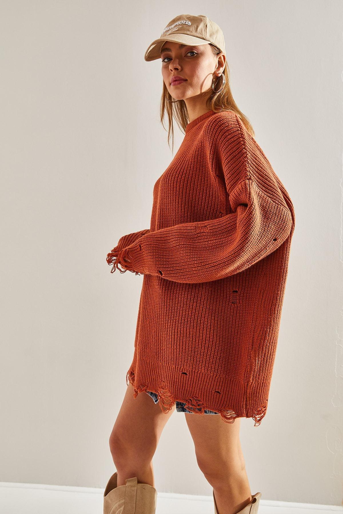 Blue Openwork Knitted Detailed Oversize Sweater, Tile, large image number 1