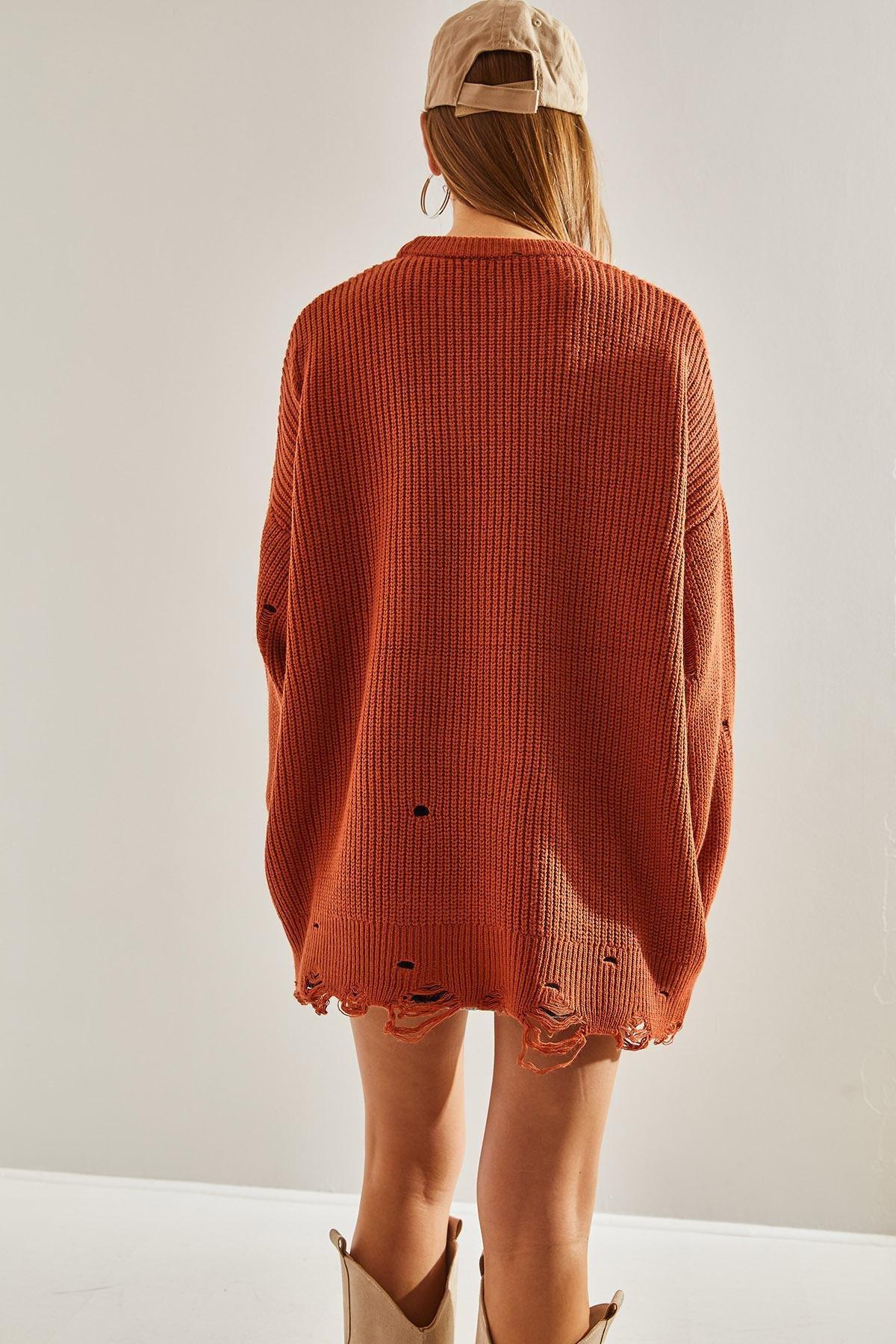 Blue Openwork Knitted Detailed Oversize Sweater, Tile, large image number 2