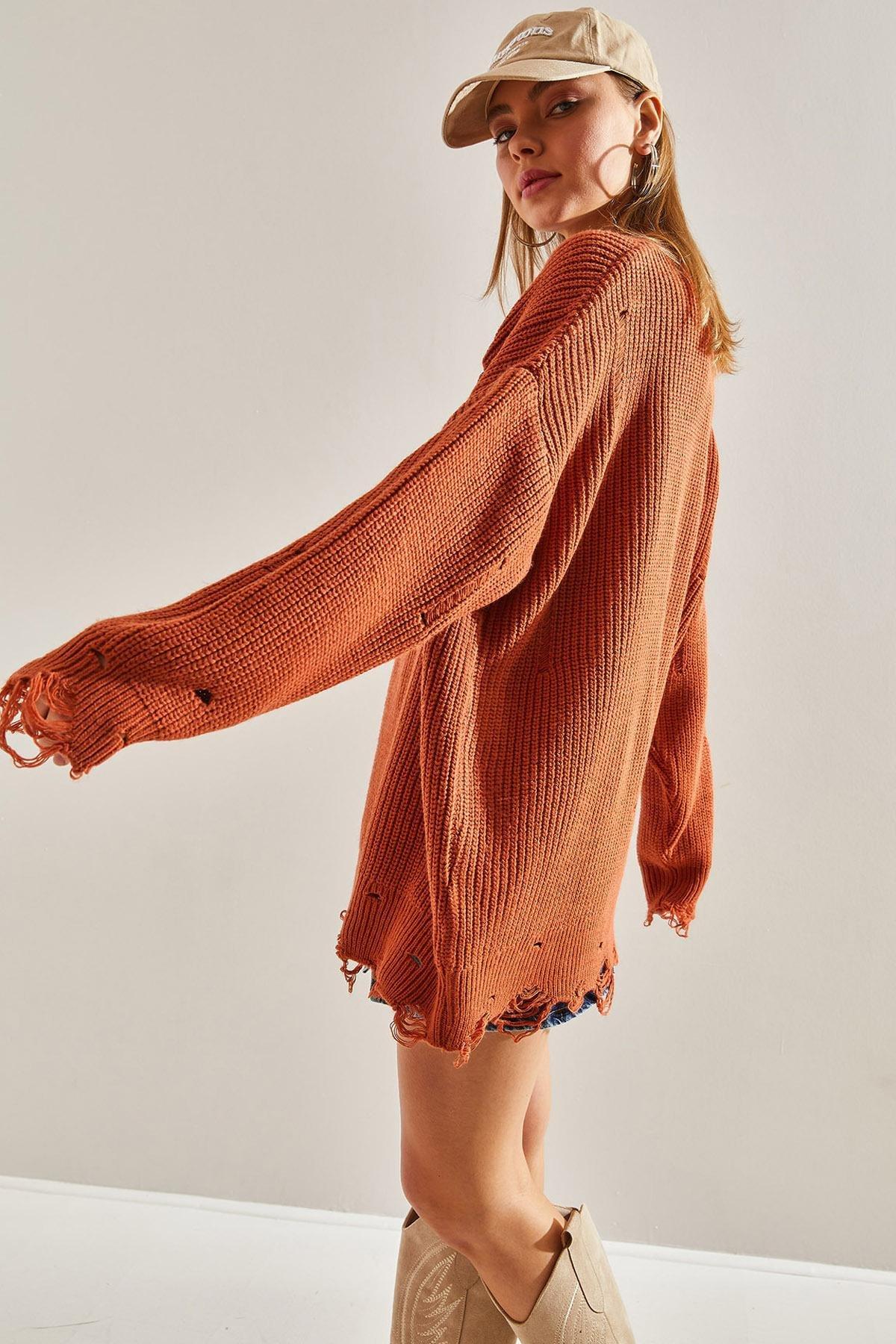 Blue Openwork Knitted Detailed Oversize Sweater, Tile, large image number 3