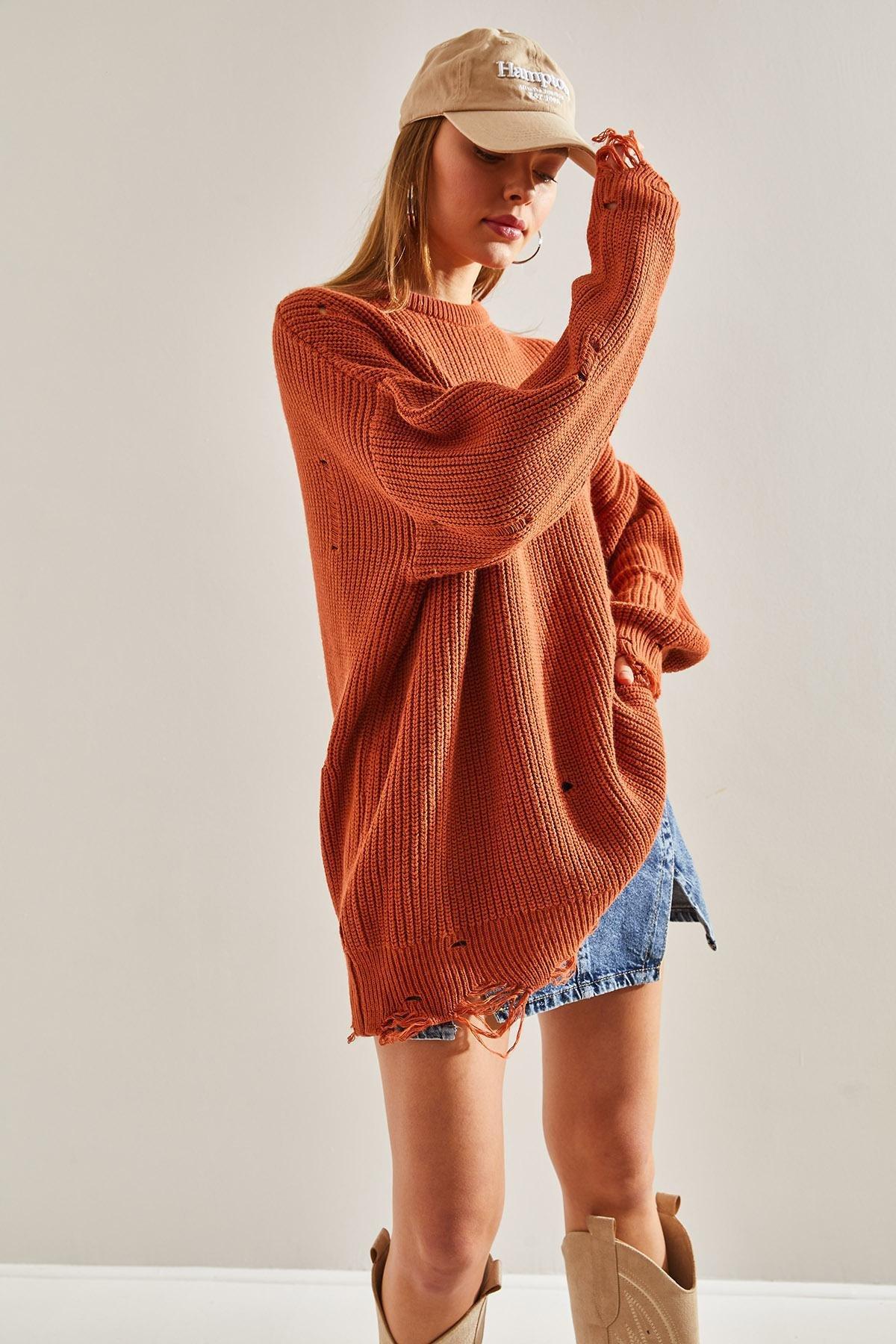 Blue Openwork Knitted Detailed Oversize Sweater, Tile, large image number 4