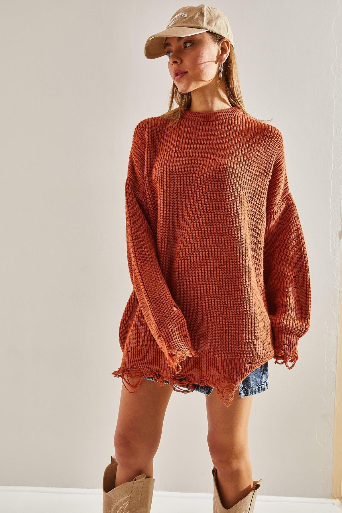 Blue Openwork Knitted Detailed Oversize Sweater, Tile, large image number 5