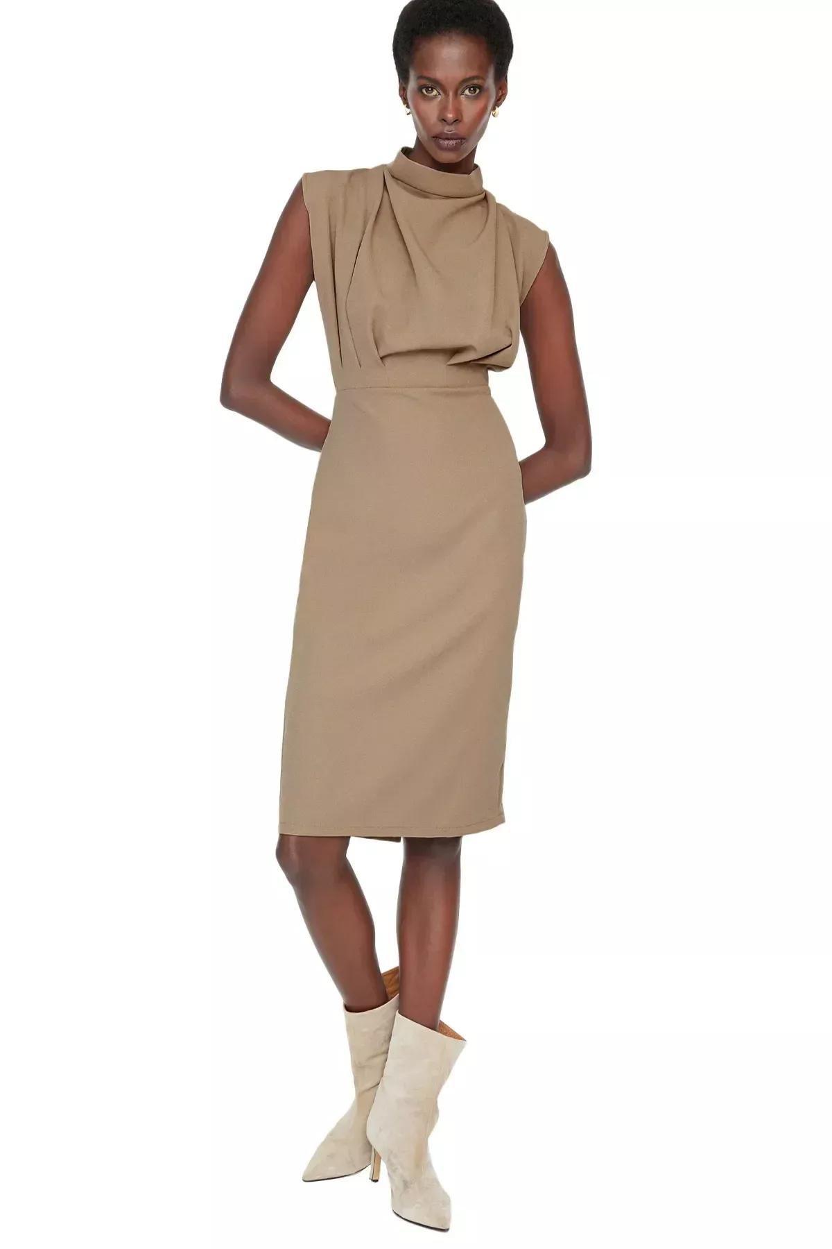 Beige Standing Collar Dress, Brown, large image number 0
