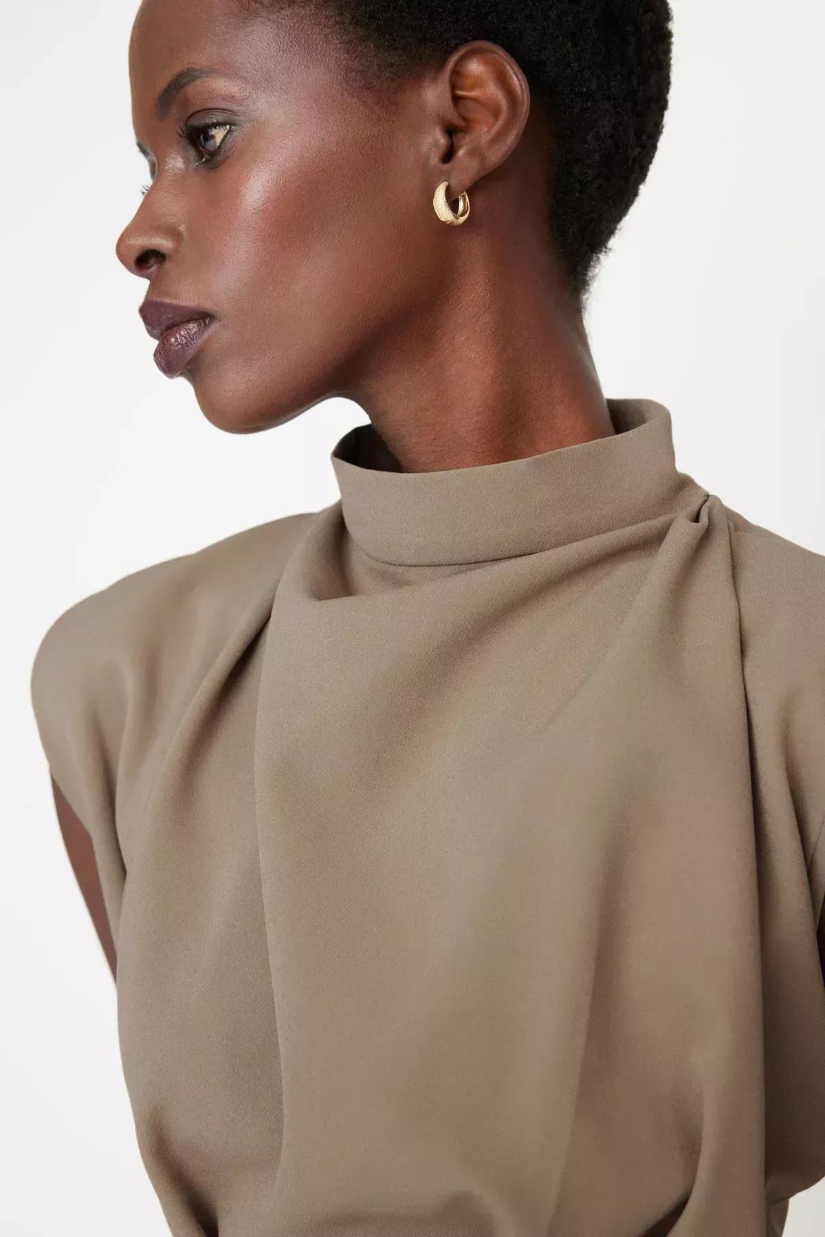 Beige Standing Collar Dress, Brown, large image number 1