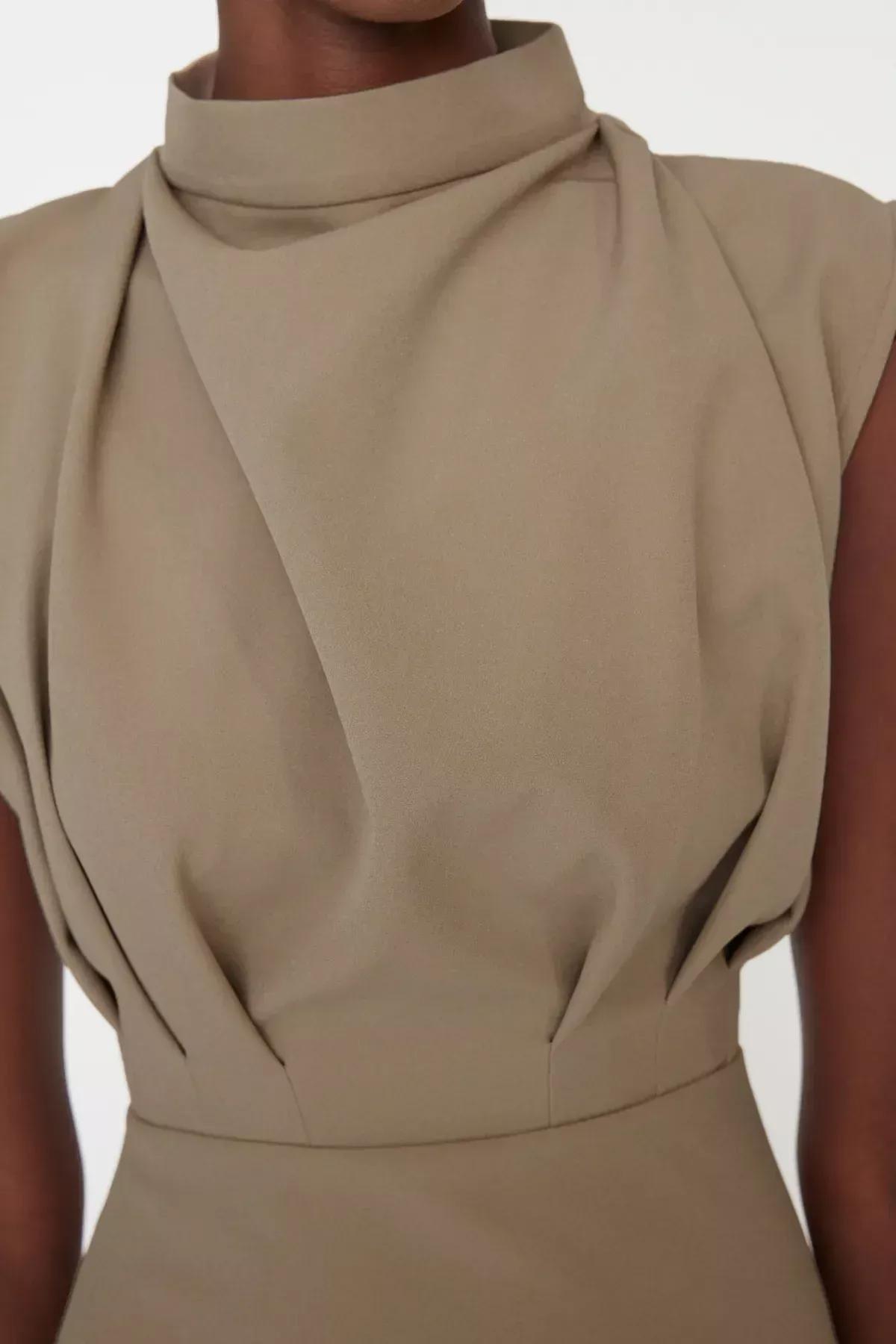 Beige Standing Collar Dress, Brown, large image number 2