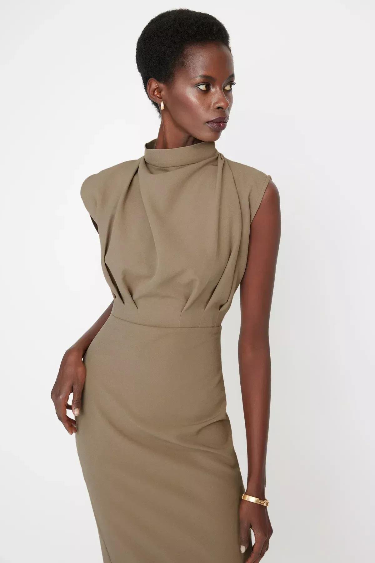 Beige Standing Collar Dress, Brown, large image number 3