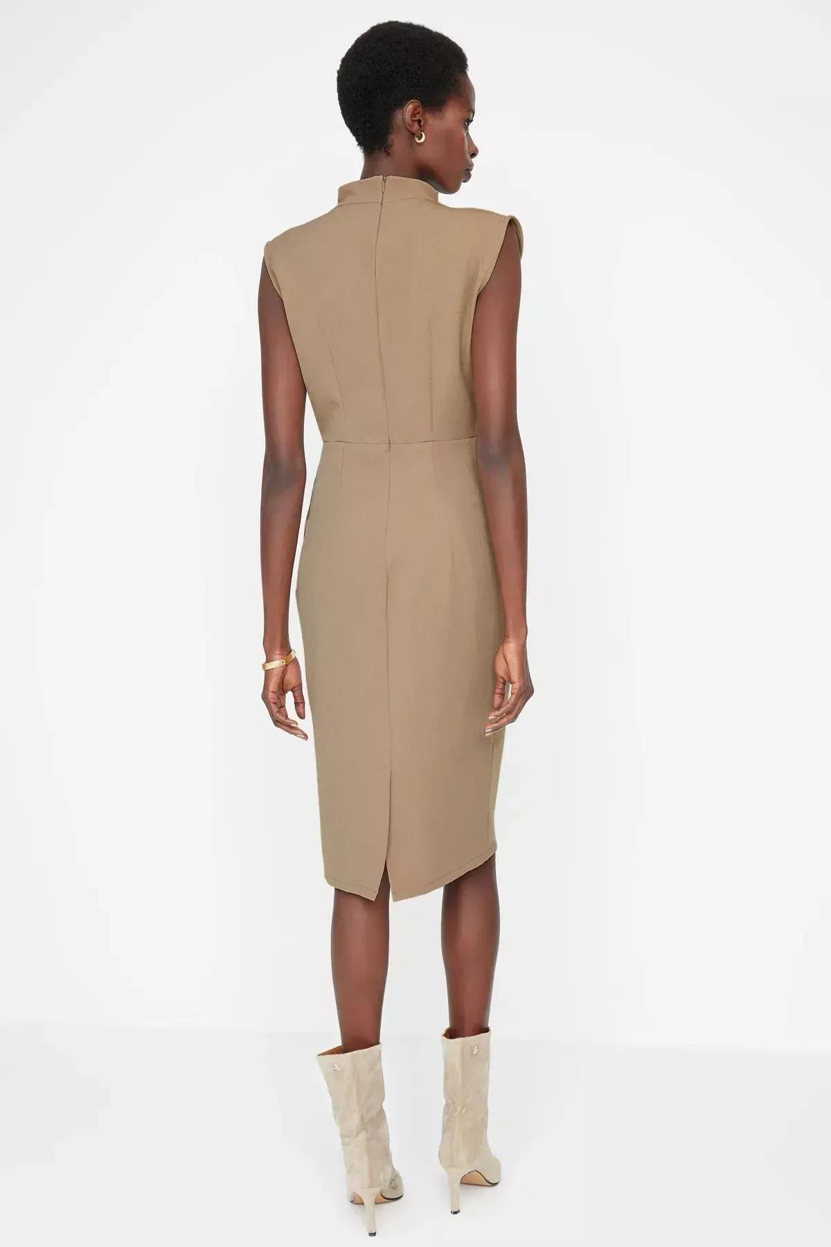 Beige Standing Collar Dress, Brown, large image number 4