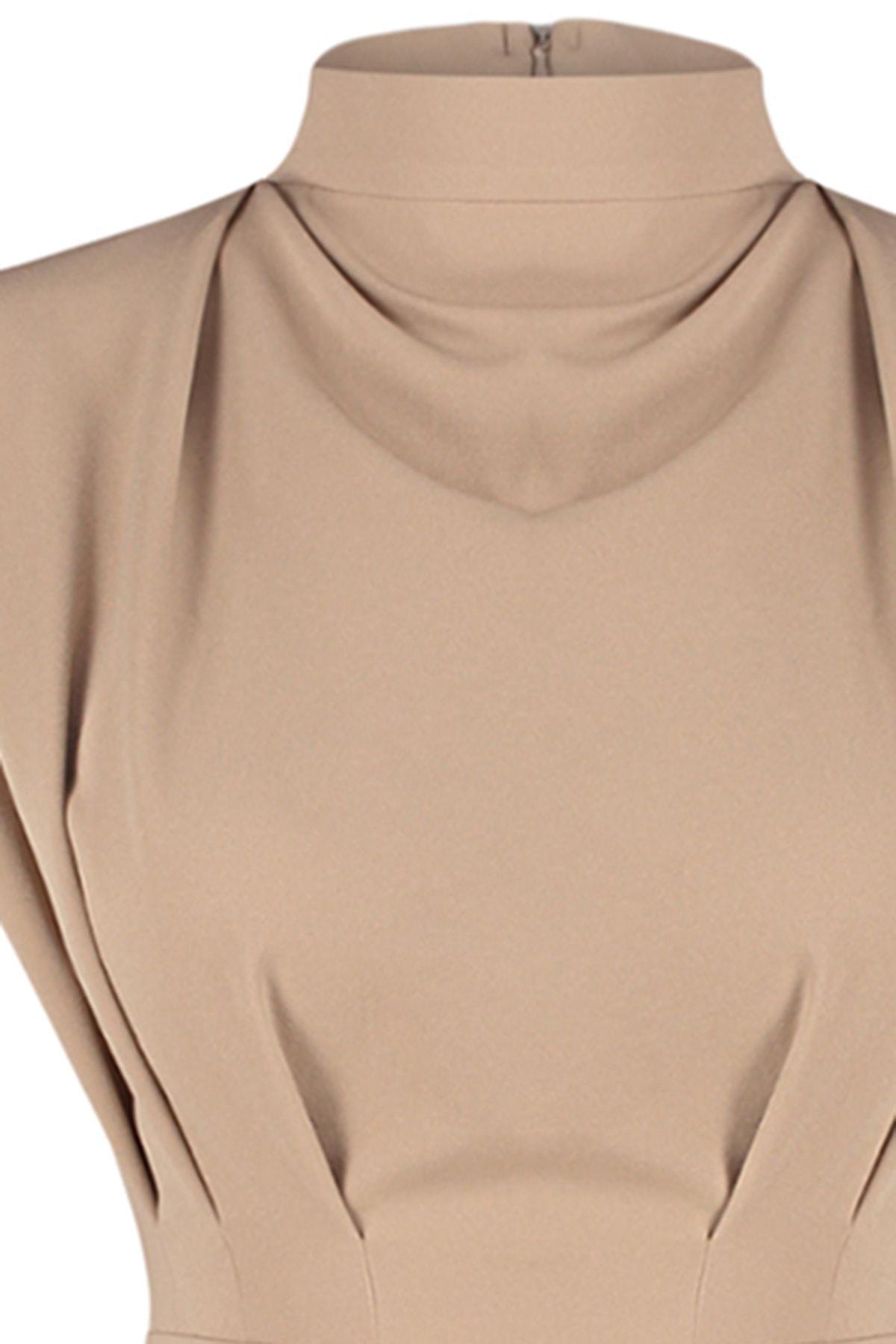 Beige Standing Collar Dress, Brown, large image number 5