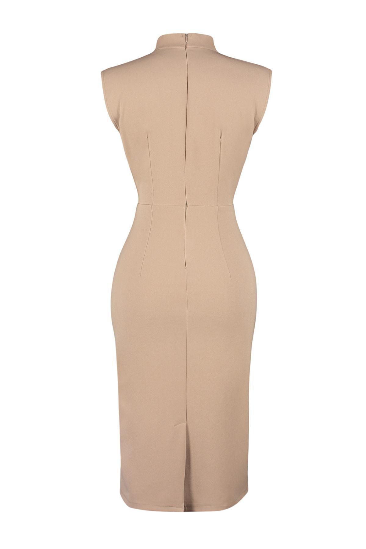 Beige Standing Collar Dress, Brown, large image number 6