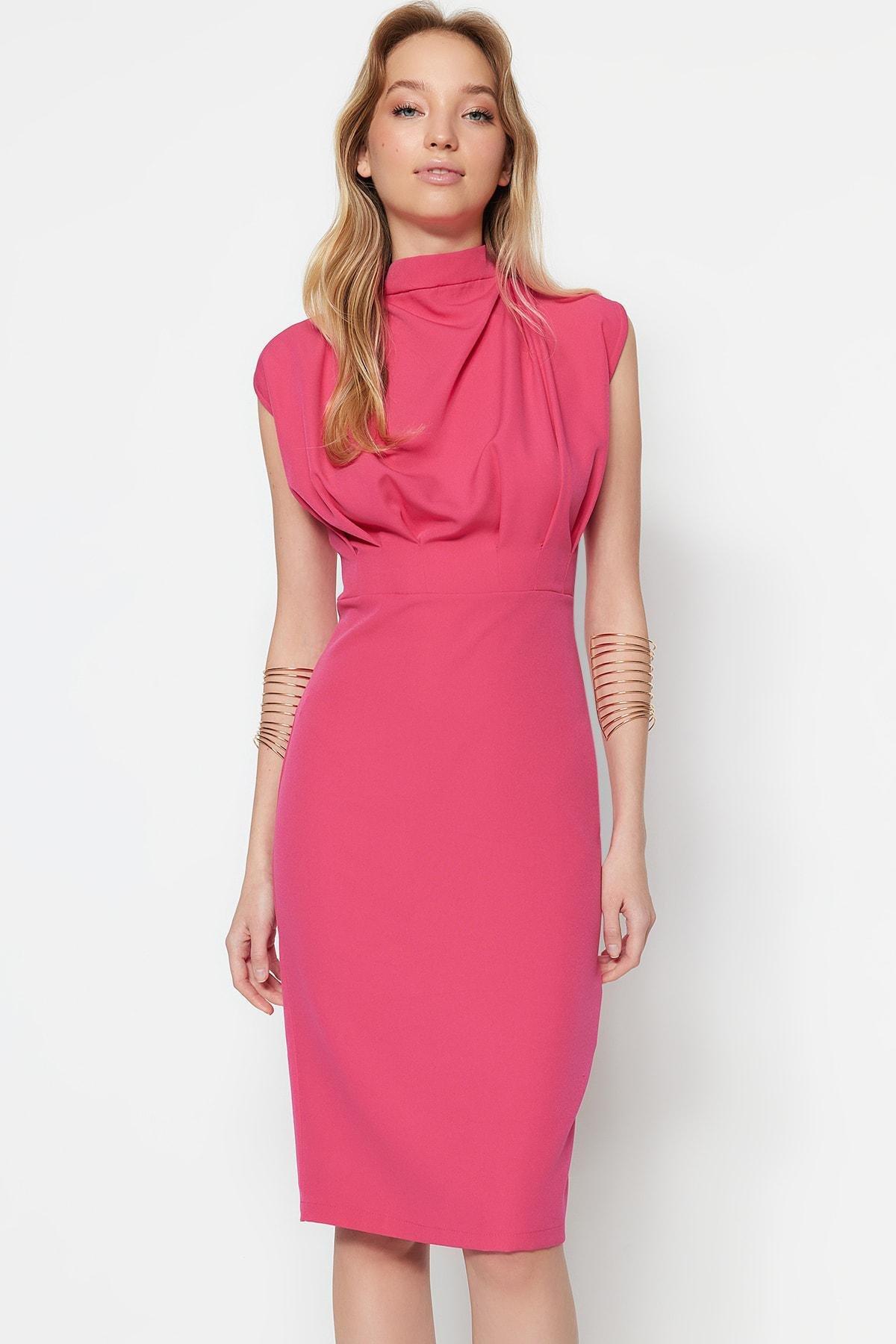 Pink Slim Standing Collar Dress, Pink, large image number 3