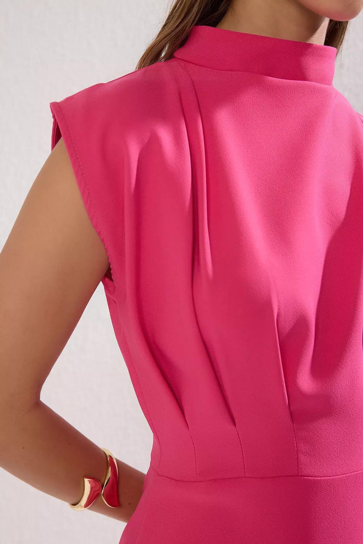 Pink Slim Standing Collar Dress, Pink, large image number 4