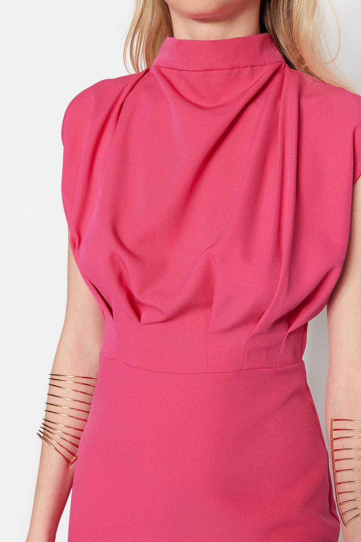 Pink Slim Standing Collar Dress, Pink, large image number 5