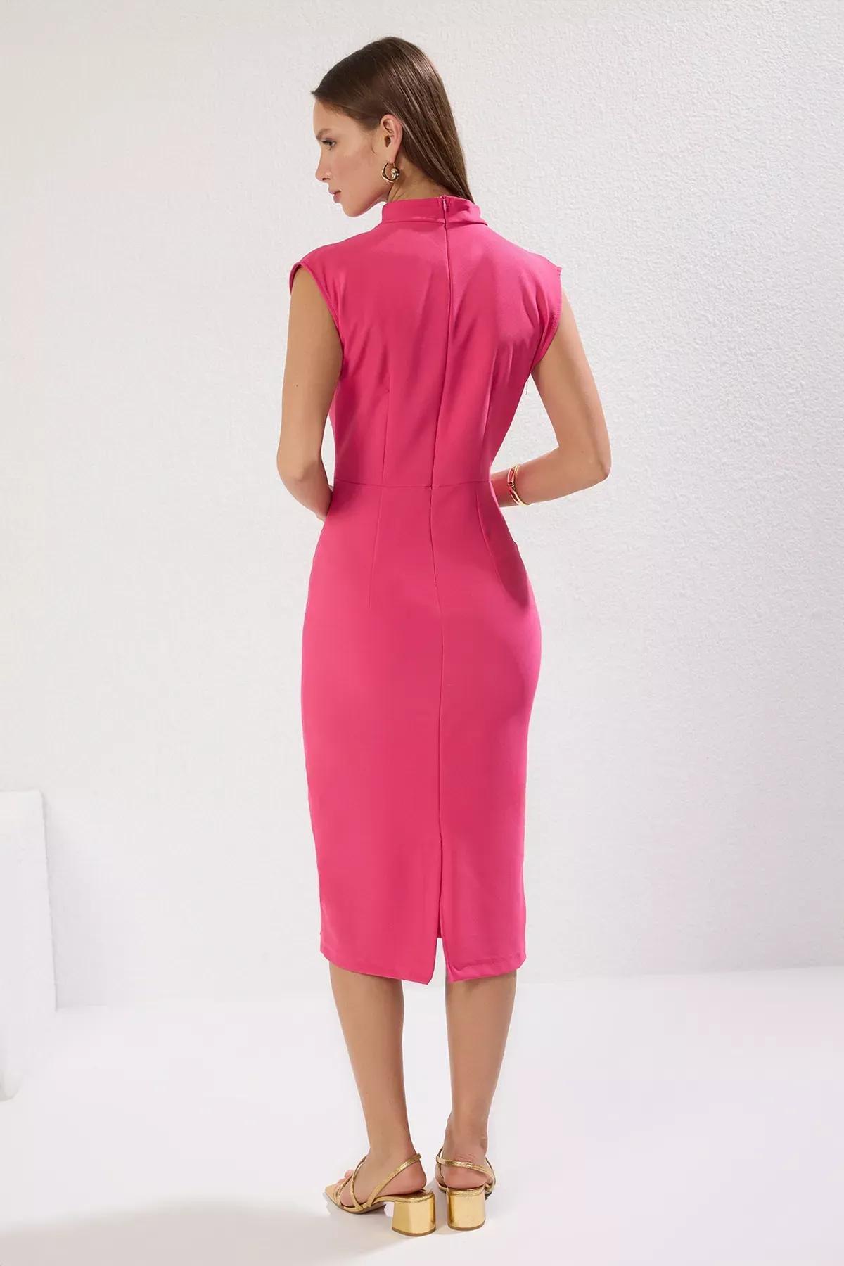 Pink Slim Standing Collar Dress, Pink, large image number 6