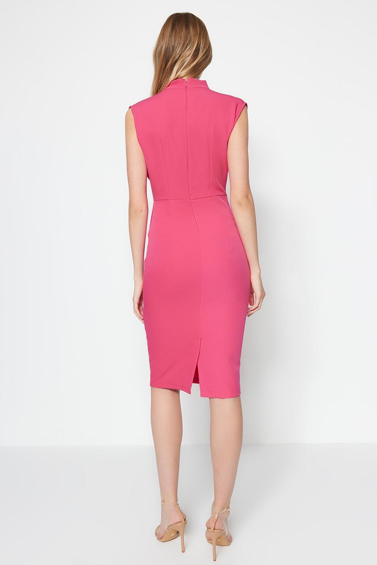 Pink Slim Standing Collar Dress, Pink, large image number 8
