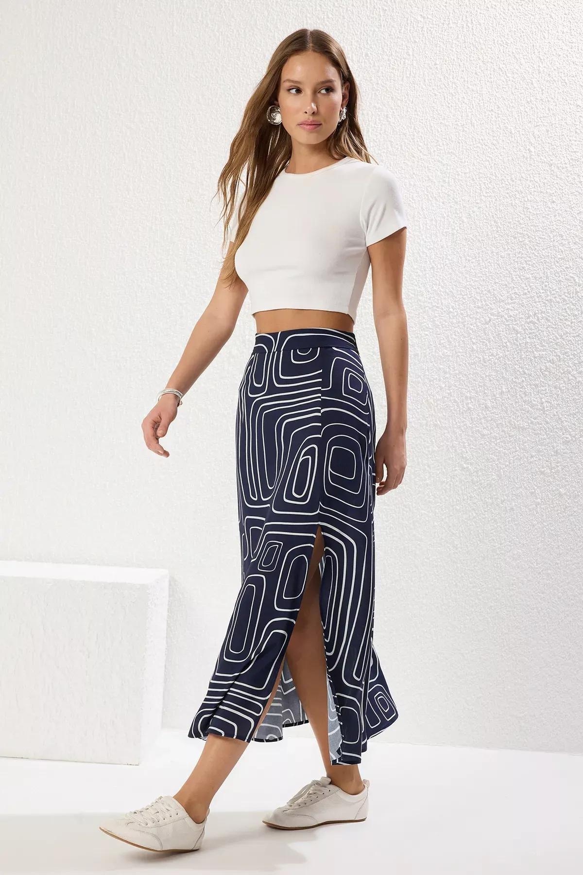 Navy Slit Midi Skirt, Dark Navyblue, large image number 0