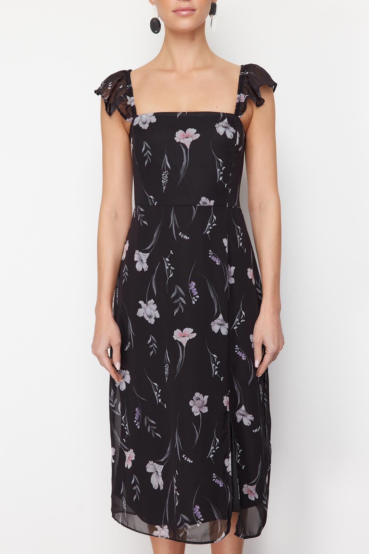 Black Floral A-Line Sleeves Flounce Midi Woven Dress, C101_5720, large image number 1