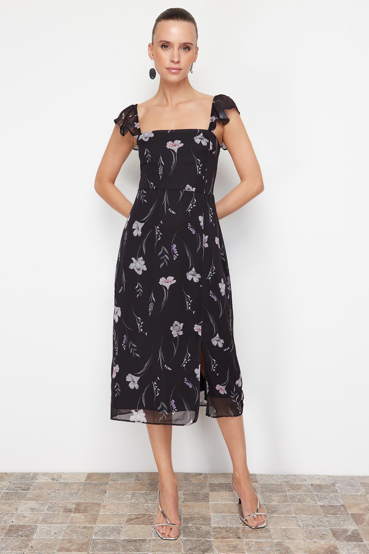 Black Floral A-Line Sleeves Flounce Midi Woven Dress, C101_5720, large image number 2