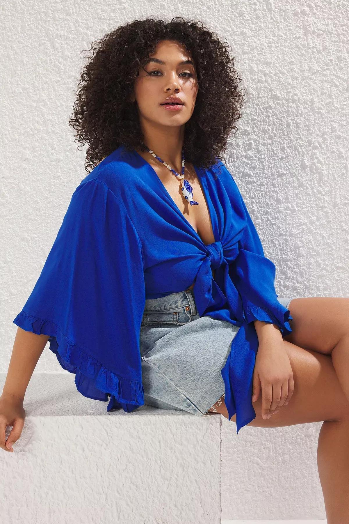 Blue Ruffle Beach Blouse, Indigo, large image number 1
