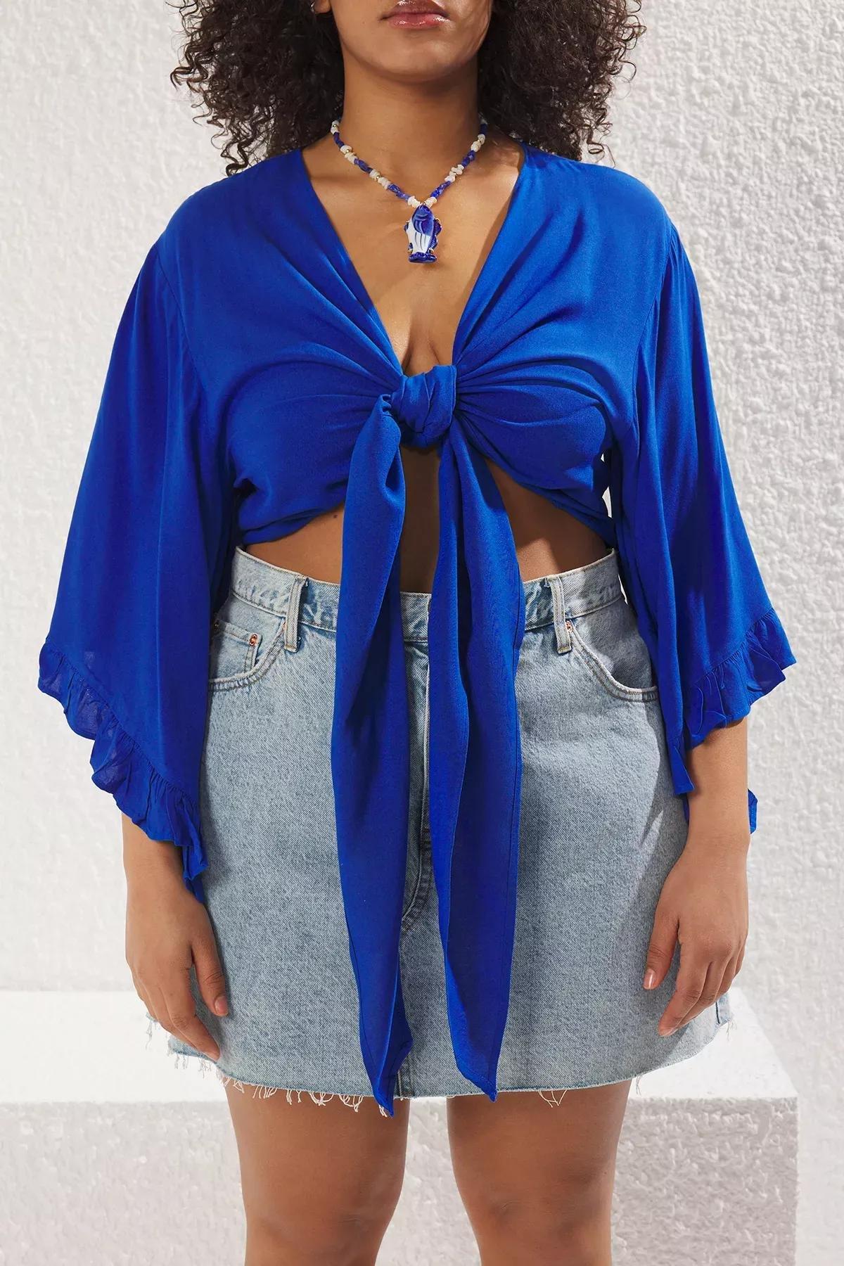 Blue Ruffle Beach Blouse, Indigo, large image number 2