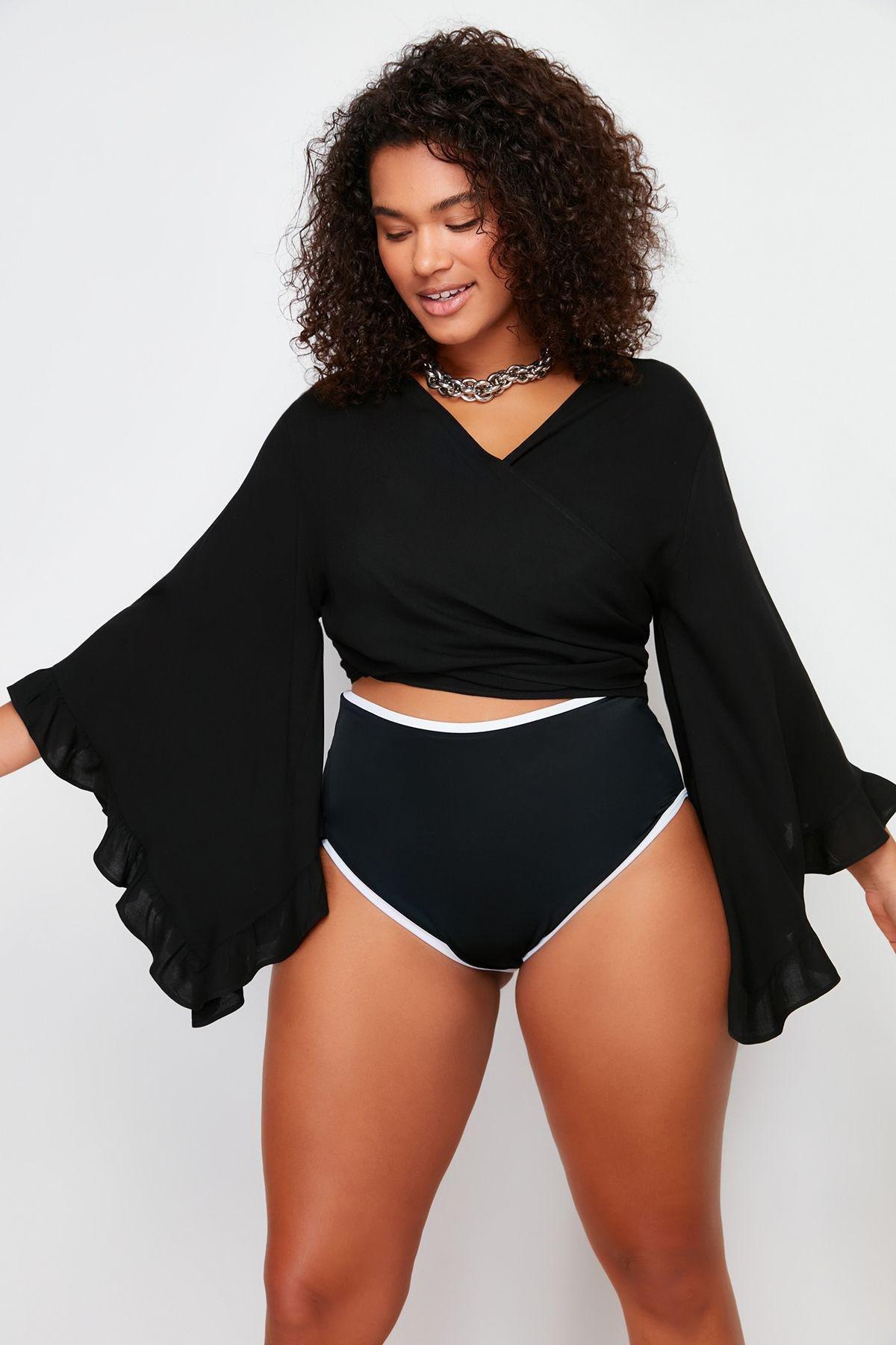 Black Crop Woven Flounce Blouse TBBSS24AF00071, , large image number 0