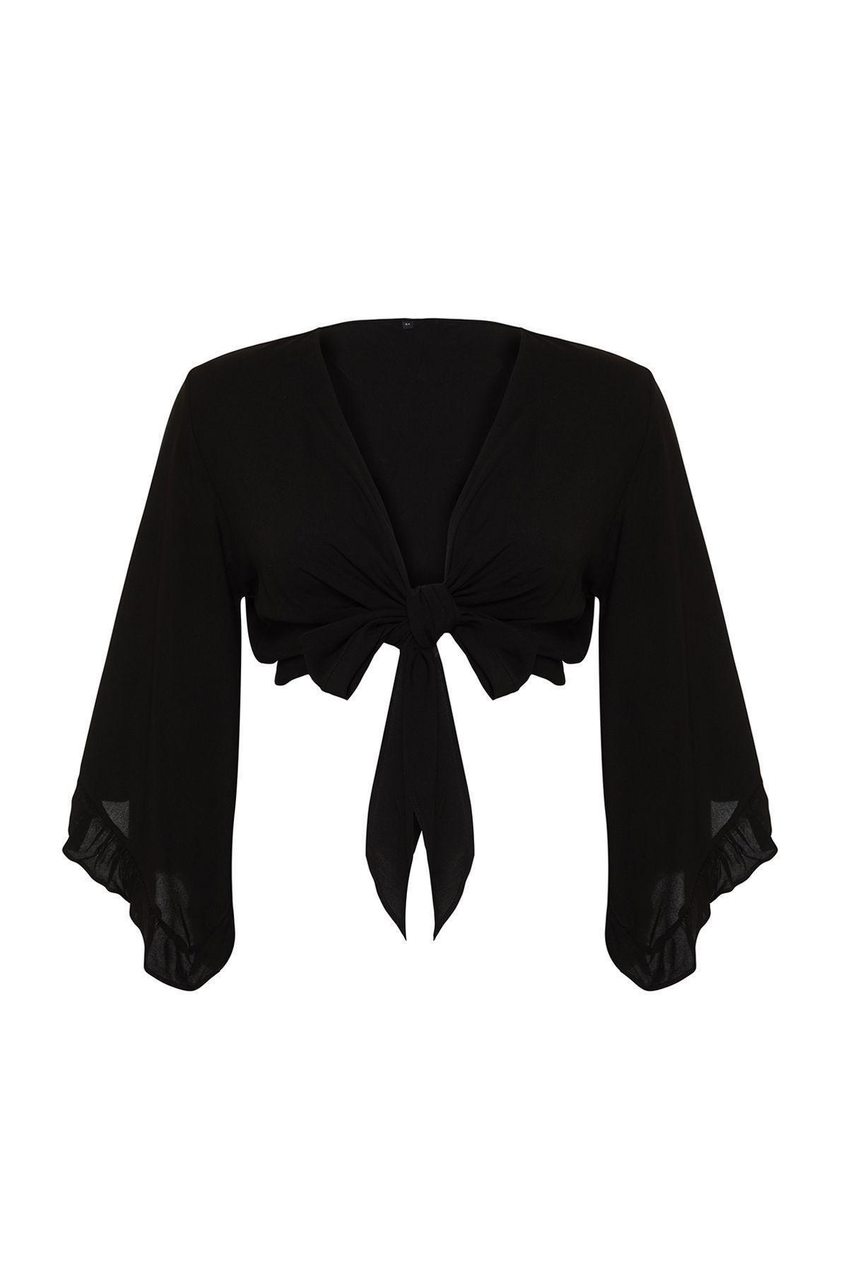 Black Crop Woven Flounce Blouse TBBSS24AF00071, , large image number 1