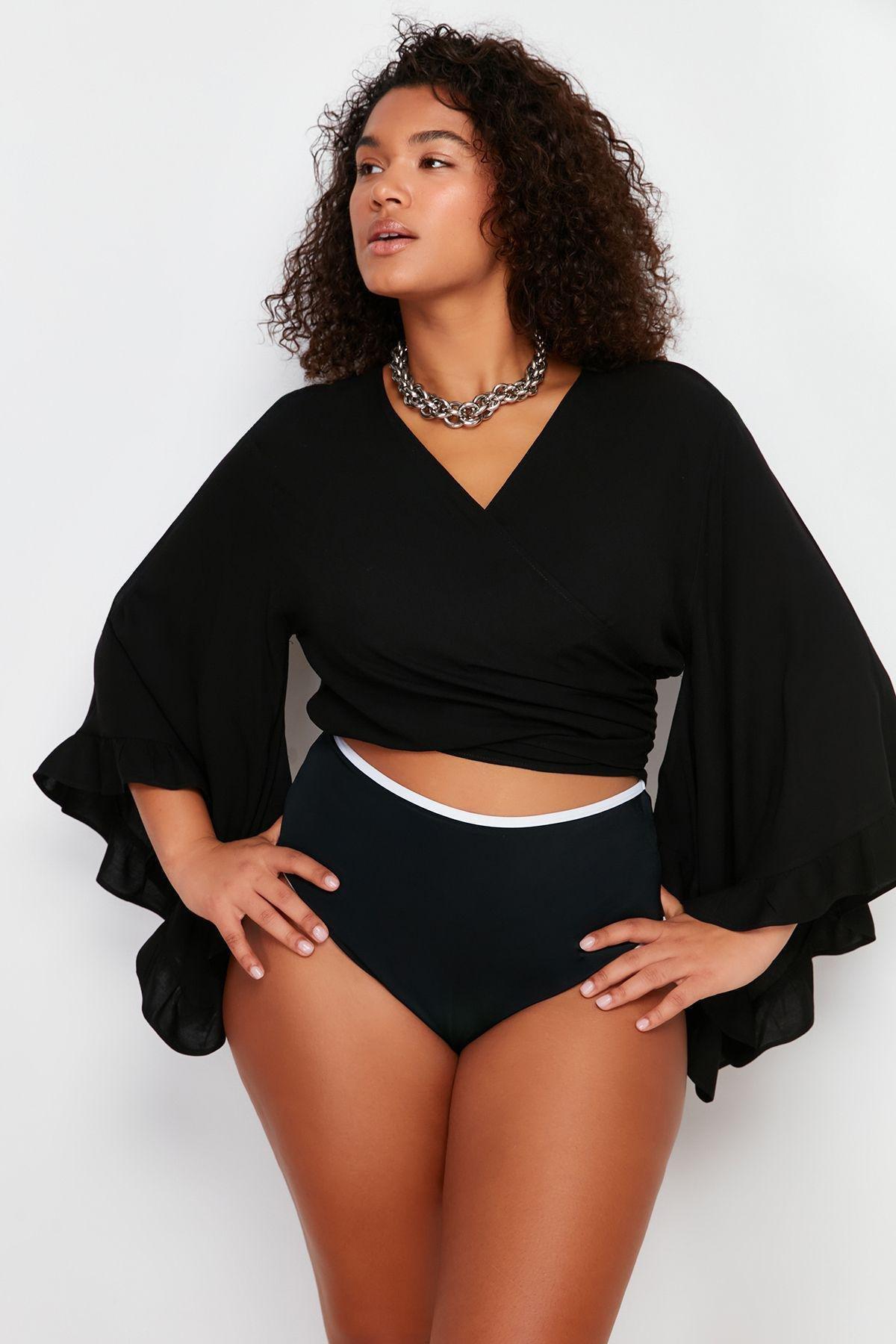 Black Crop Woven Flounce Blouse TBBSS24AF00071, , large image number 2