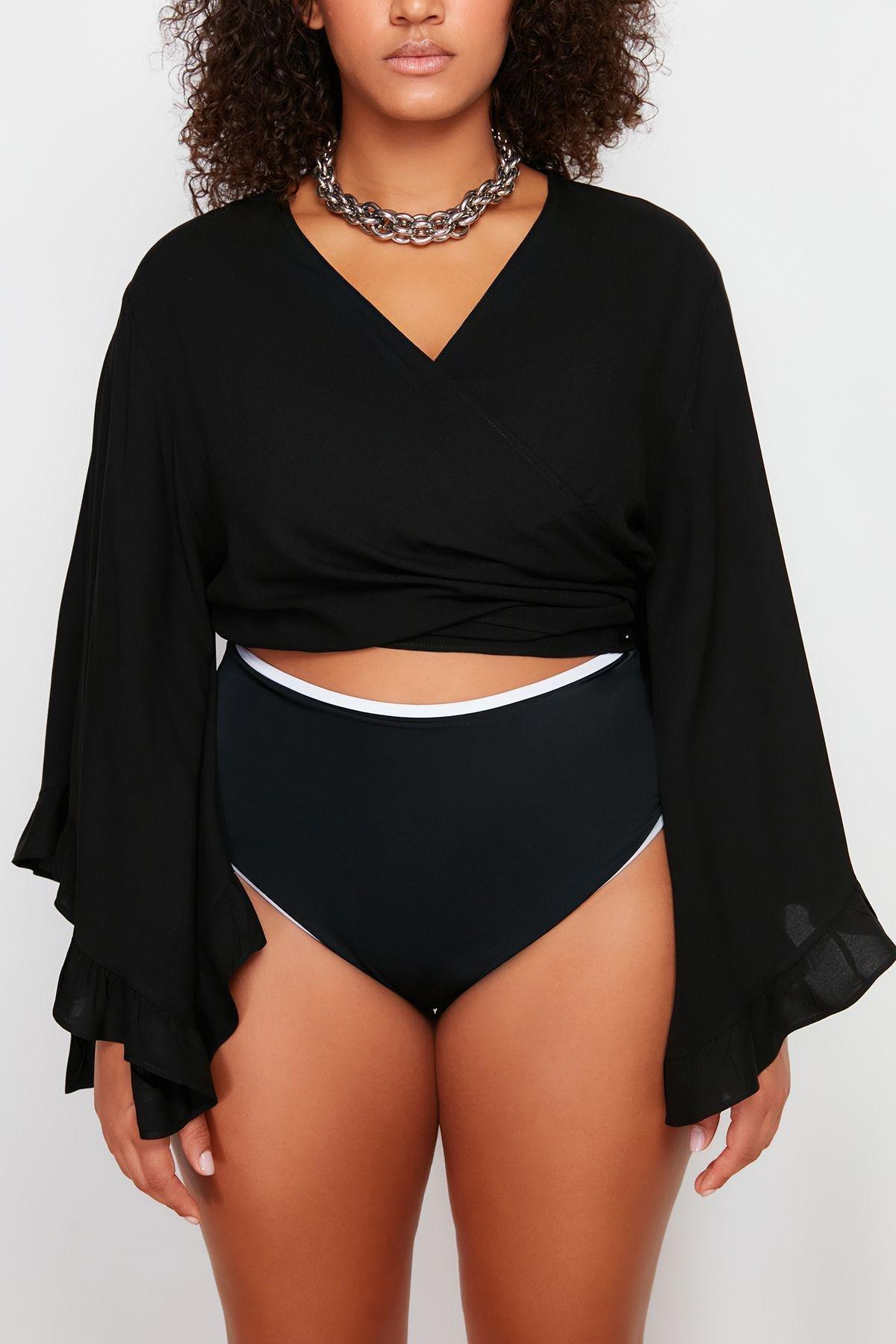 Black Crop Woven Flounce Blouse TBBSS24AF00071, , large image number 3