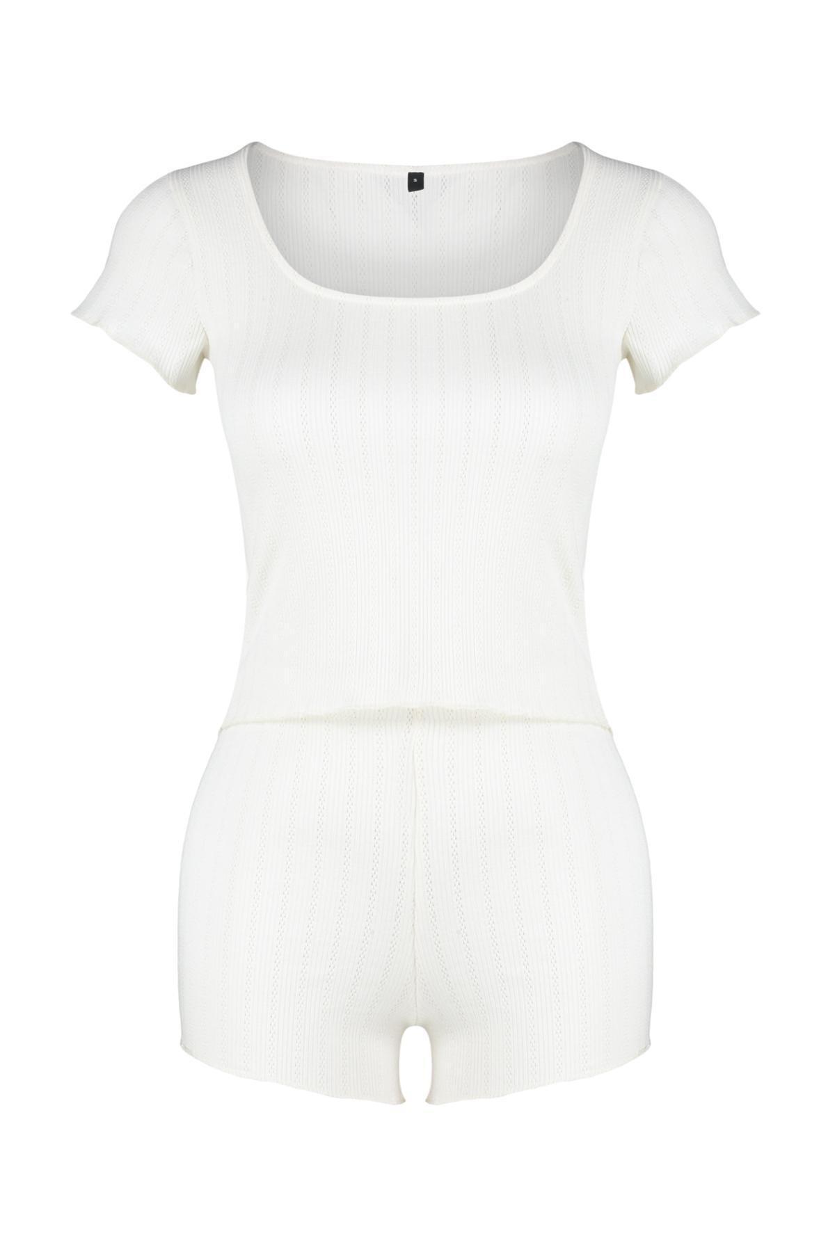 Ecru Corded Openwork/Hole Knitted Pajamas Set THMSS24PT00154, , large image number 4