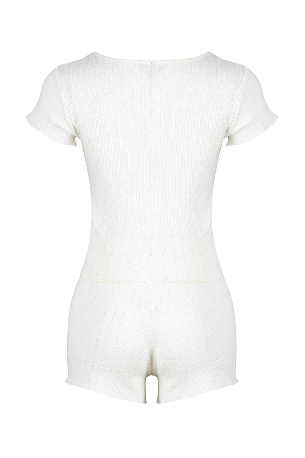 Ecru Corded Openwork/Hole Knitted Pajamas Set THMSS24PT00154, , large image number 5