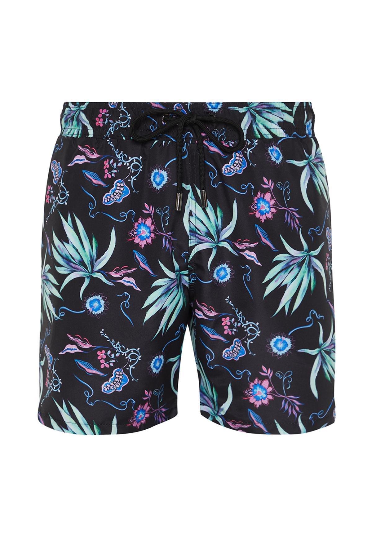 Black Standard Fit Floral Patterned Swim Shorts TMNSS24DS00010, single, C101_5720, large image number 10